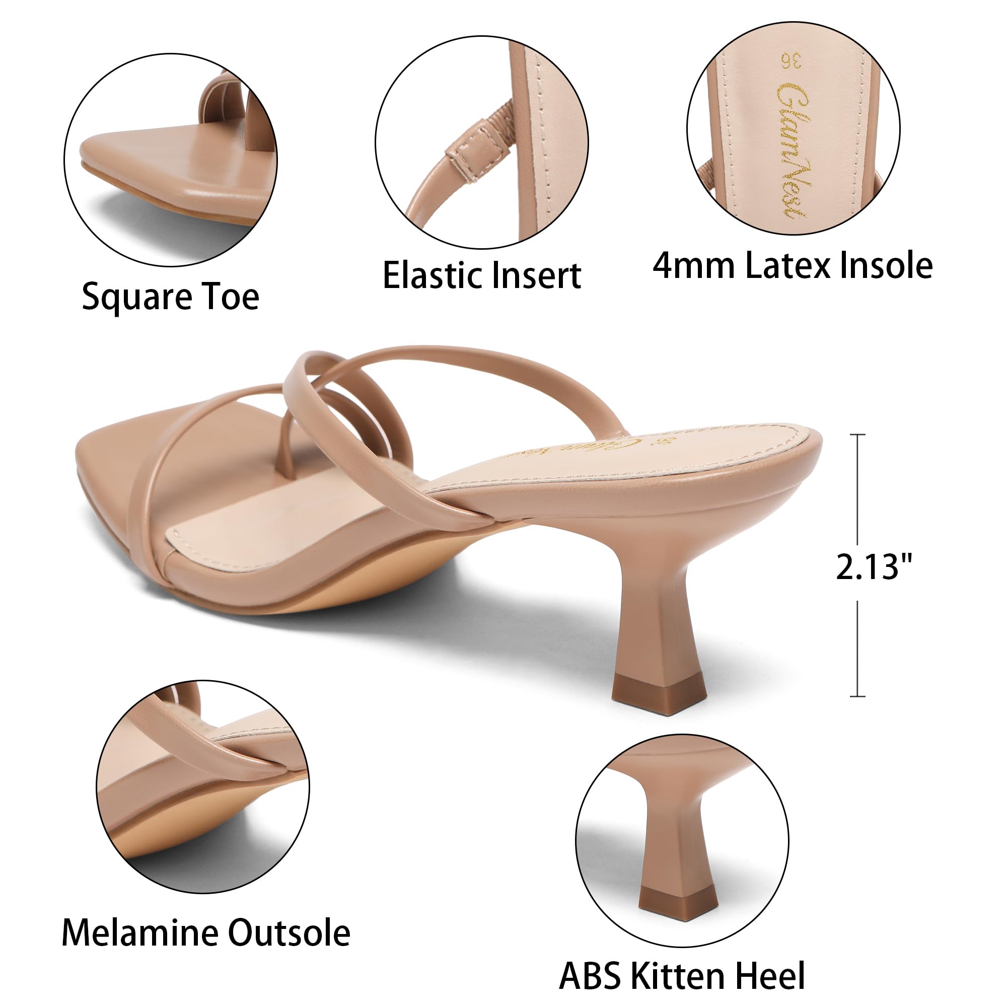 Sandali da donna con tacco a gattino, punta aperta, infradito, tacco basso, slip on, infradito con tacco