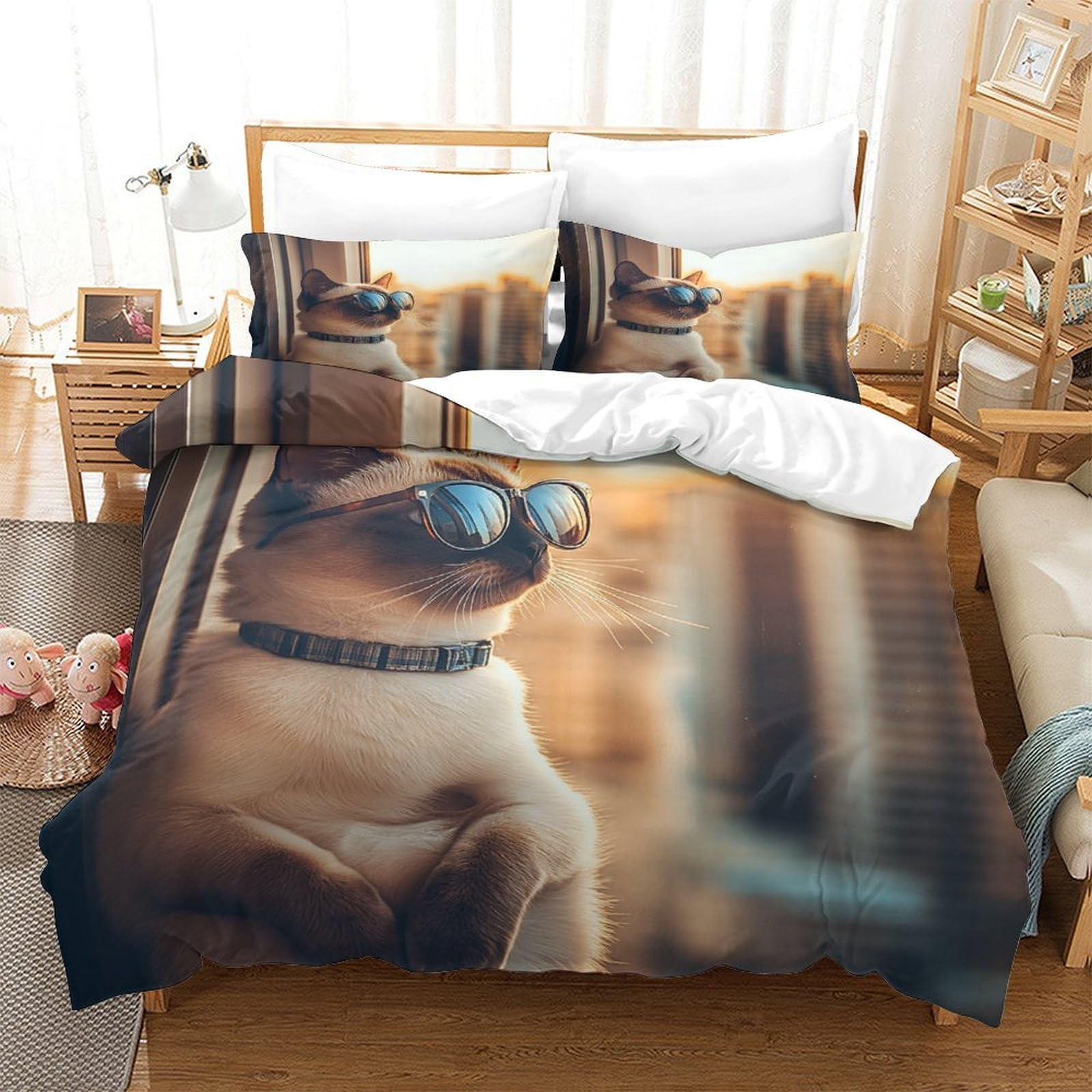 Occhiali da sole da gatto fantastici Impressione 3D 3 pz coperteletto fodera per edredone microfibra ipoallergenica antiacari per bambini adolescenti ragazze Super king（260x220cm）