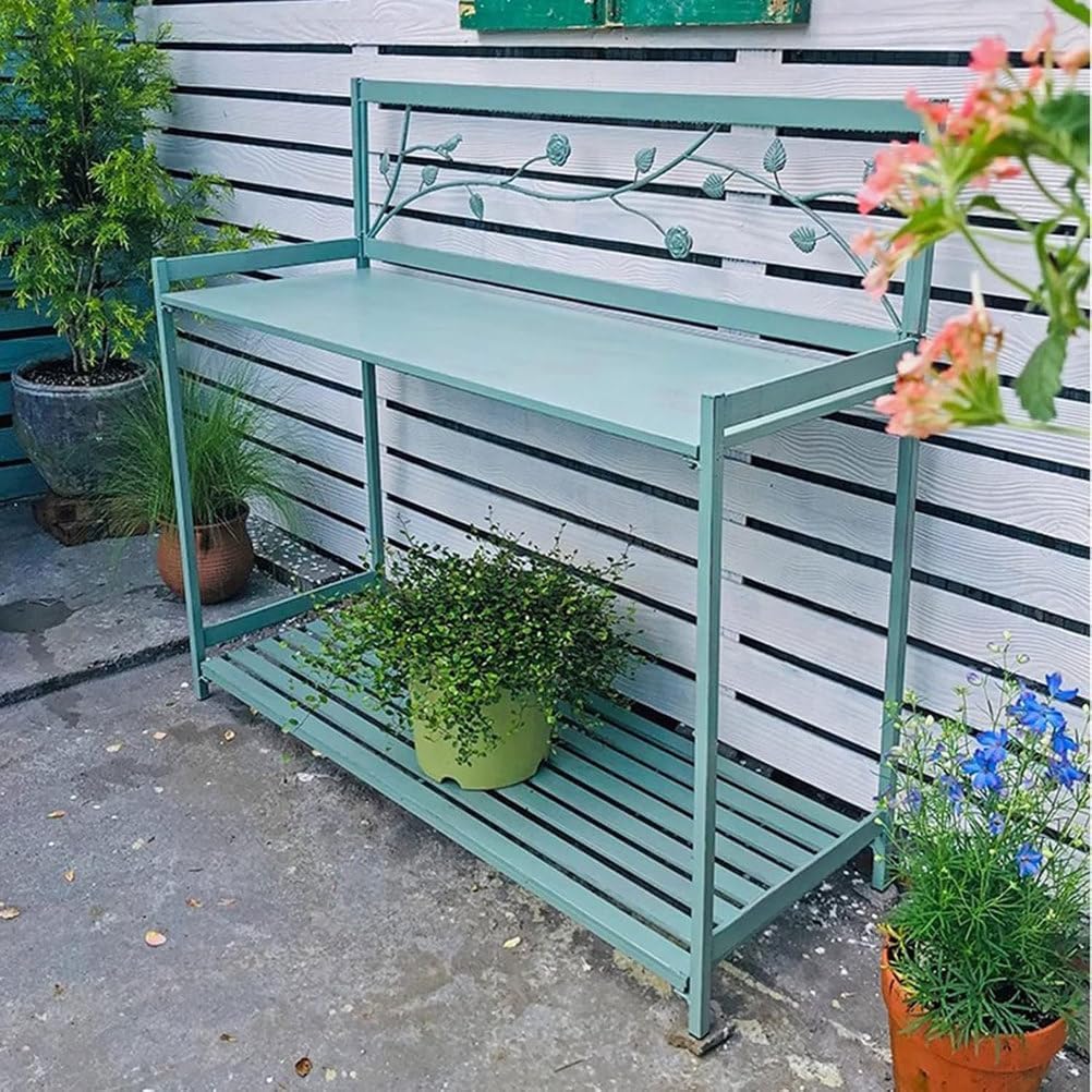 Outdoor Potting Bench with 2- Tier Patio Metal Potting Table Open Shelf, Garden Work Station Table for Planting 126.5x45x115.5cm,White