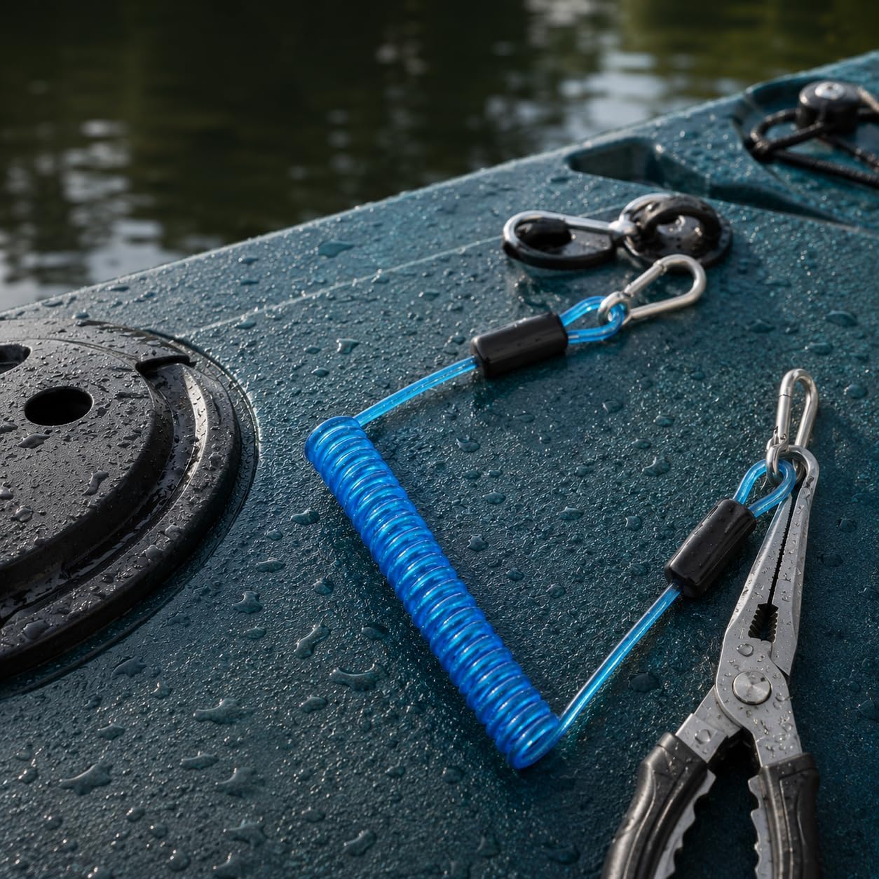 Coiled Fishing Lanyard with Carabiners,Steel Wire Tether (4.7"-59")