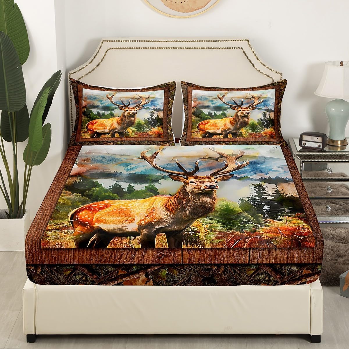 Erosebridal Highlan Bull Cattle Bed Sheets Farmhouse Animal Print Fitted Sheet Full Size, Western Cowboy Bedding Texas Stars Sheet, Grunge Stripe Bed Cover (Deep Pocket)