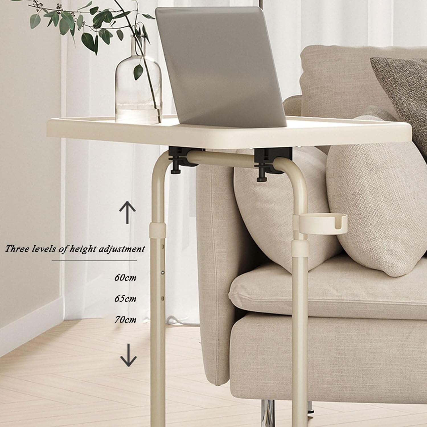 Tavolino pieghevole regolabile in altezza con ruote, scrivania in piedi con portabicchieri – facile da montare, perfetto per l'uso del computer portatile a letto, divano o ufficio