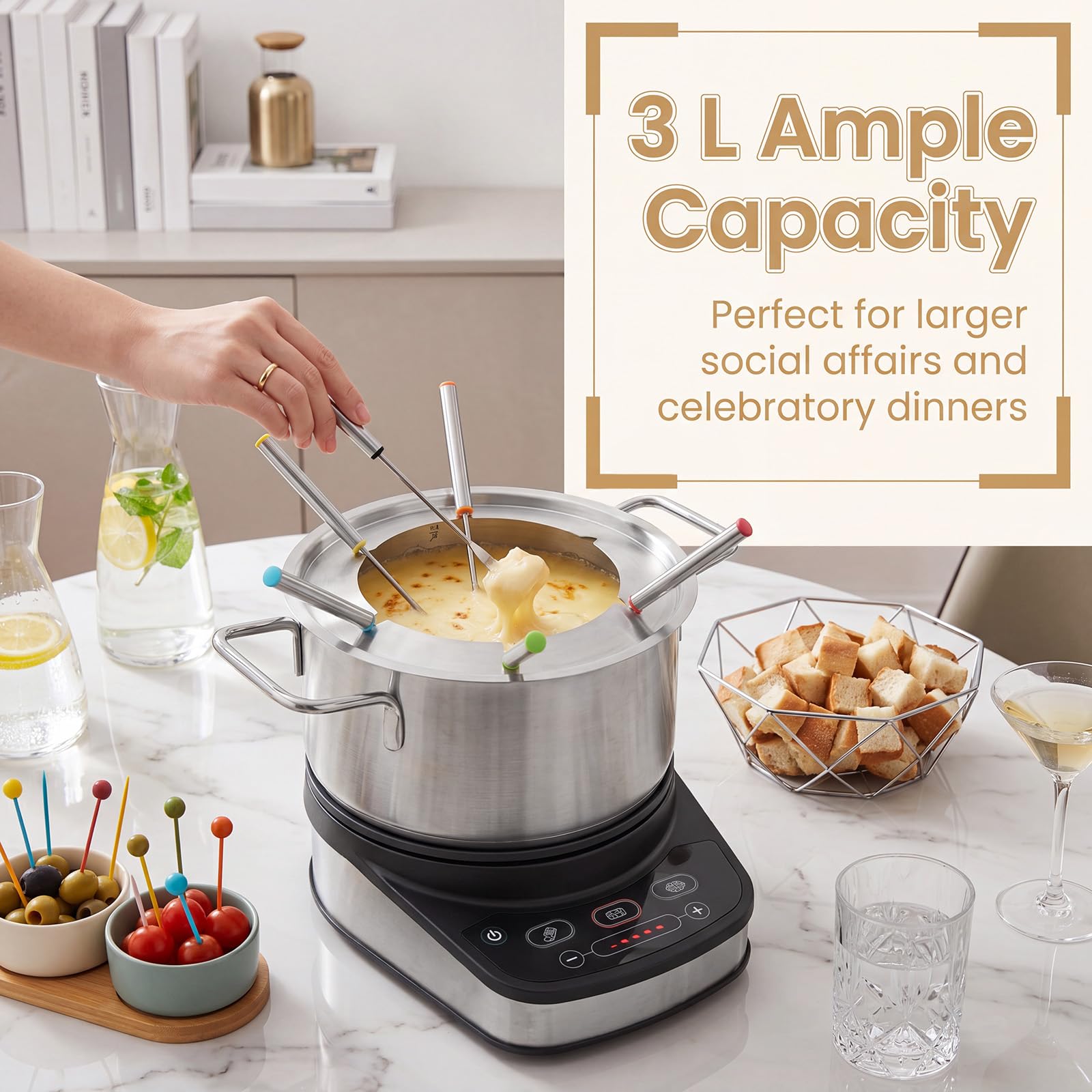 LIFEZEAL - Juego de fondue de 3 l para 6 personas, aparato de fondue eléctrico de 1200 W de acero inoxidable con termostato ajustable, base extraíble y 6 tenedores, para queso, chocolate y caldo