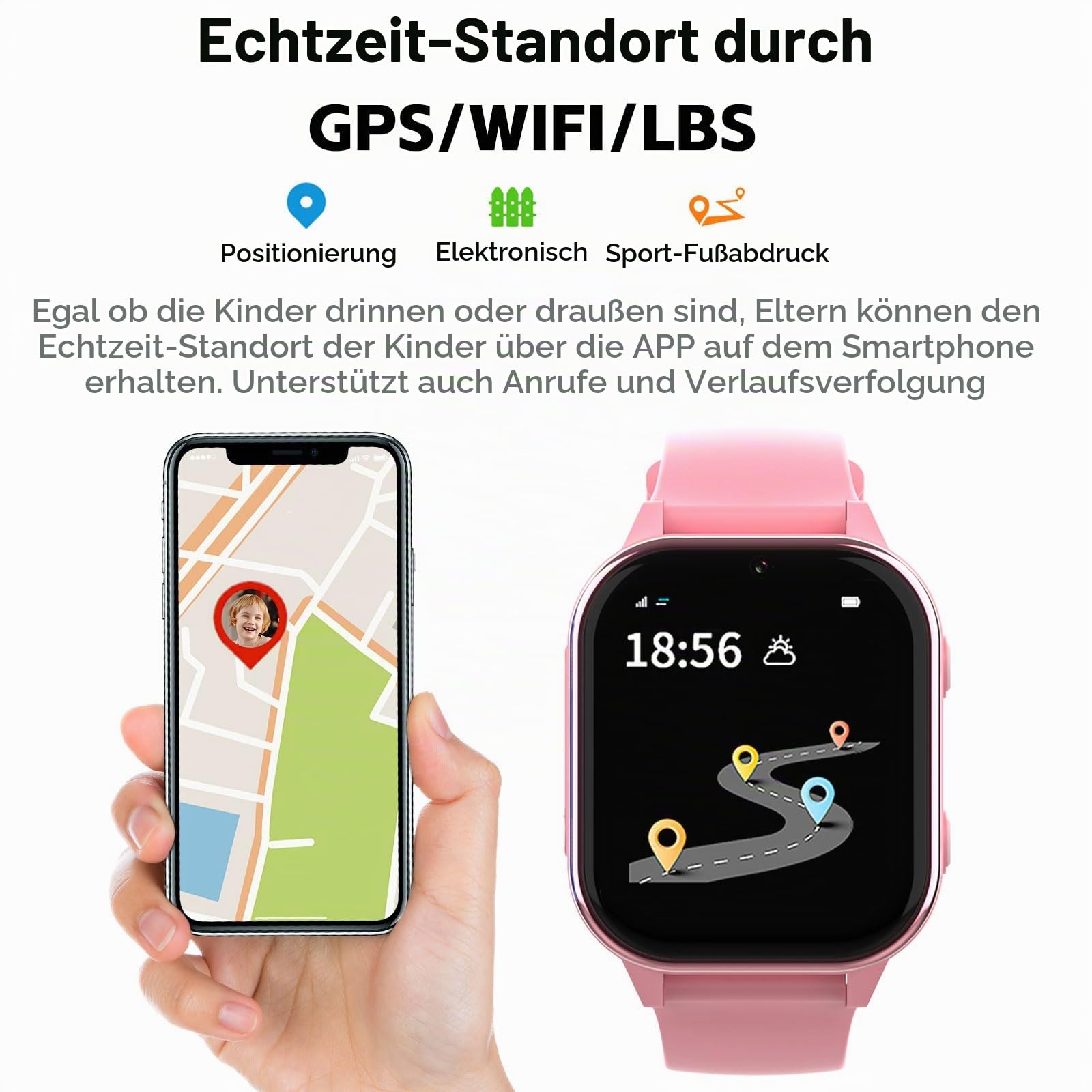 PTHTECHUS Uhr Kinder 4G, Armbanduhr mit Videoanruf, WiFi/GPS Tracker/Bluetooth Musik Schulmodus SOS Wecker, 900 MAh Lange Standby-Zeit, Kinder Smart Uhr für ab 5 Jahren, Zartes Rosa