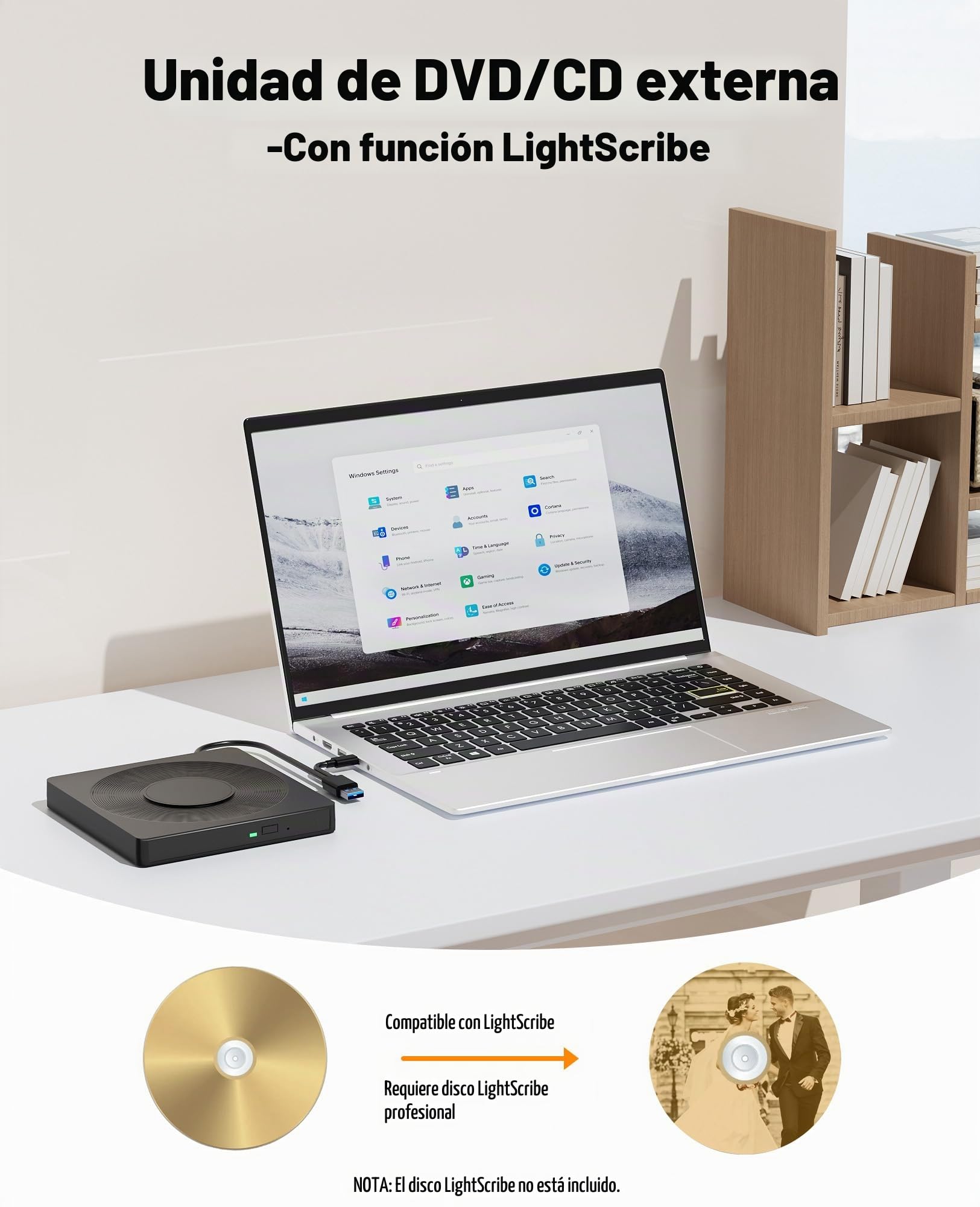 Reproductor de DVD externo 5 en 1 para portátil con grabadora de DVD LightScribe CD Rom unidad externa de CD/DVD para PC USB 3.0, lector de DVD, reproductor de disco apto para Windows XP/7/8/10/11 Mac