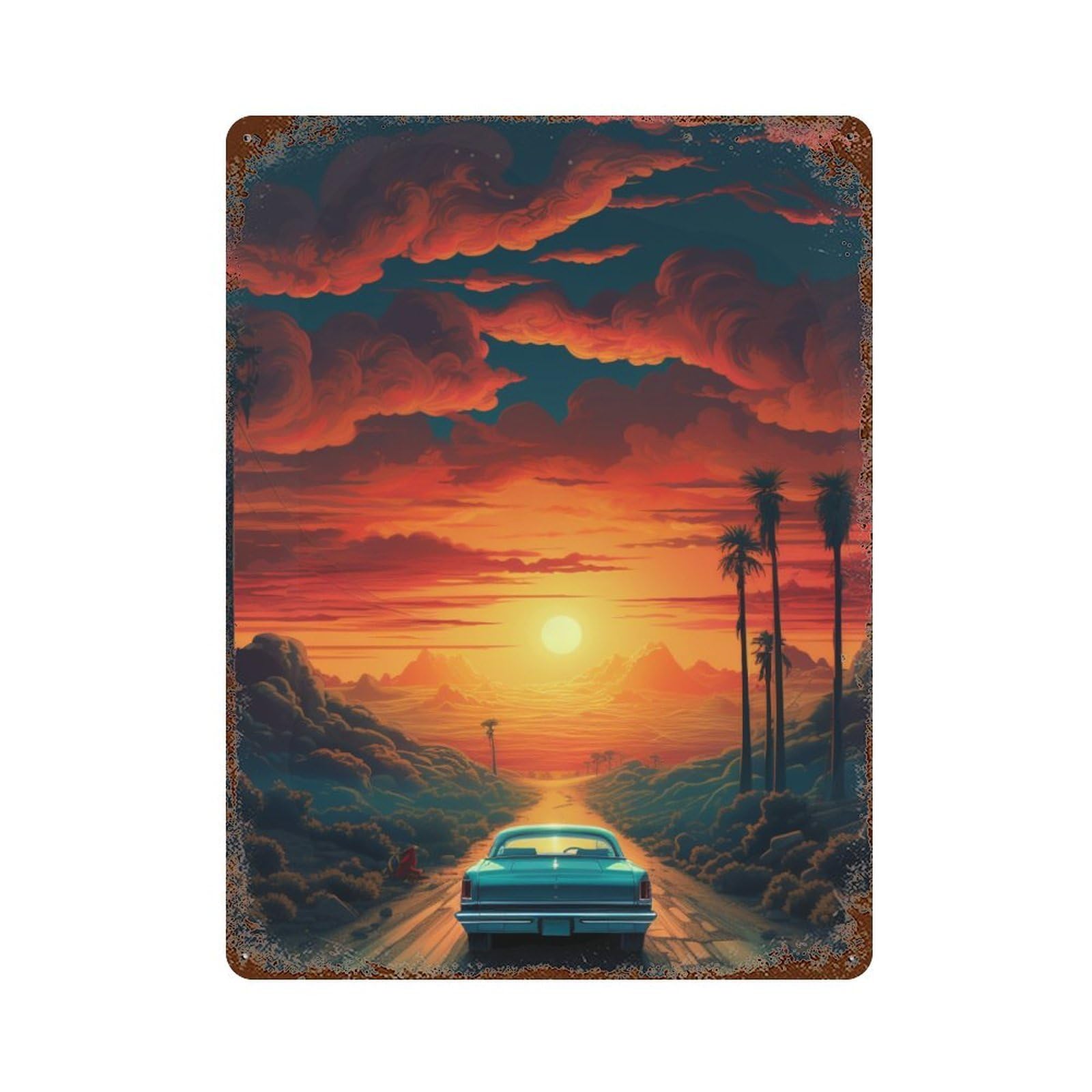 Garage Style Desert Sunset Drive Distressed Metal Wall Sign 15.7"x11.8", Classic Wall Plaque for Bar And Workshop