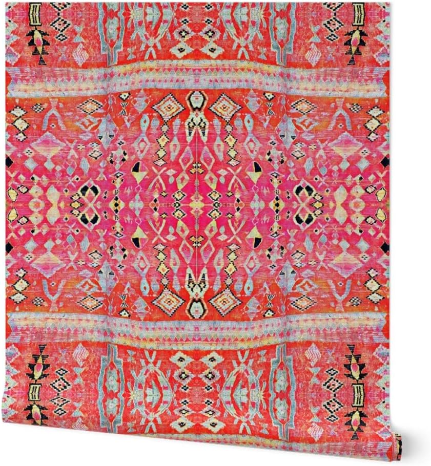 Peel & Stick Wallpaper 3ft x 2ft - Tropical Orange Pink Moroccan Style Turkish Inspired Kilim Boho Sunset Custom Removable Wallpaper by Spoonflower