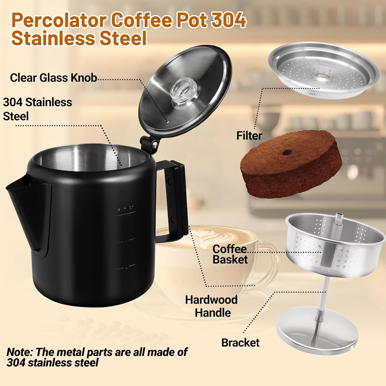 No Coating 6 Cup Percolator Coffee Pot 304 Stainless Steel Moka Pot Stovetop Espresso Maker Italian Greca Cuban Machine 1000ml 33.8oz Suitable for Gas Induction Stovetop Camping Kettle