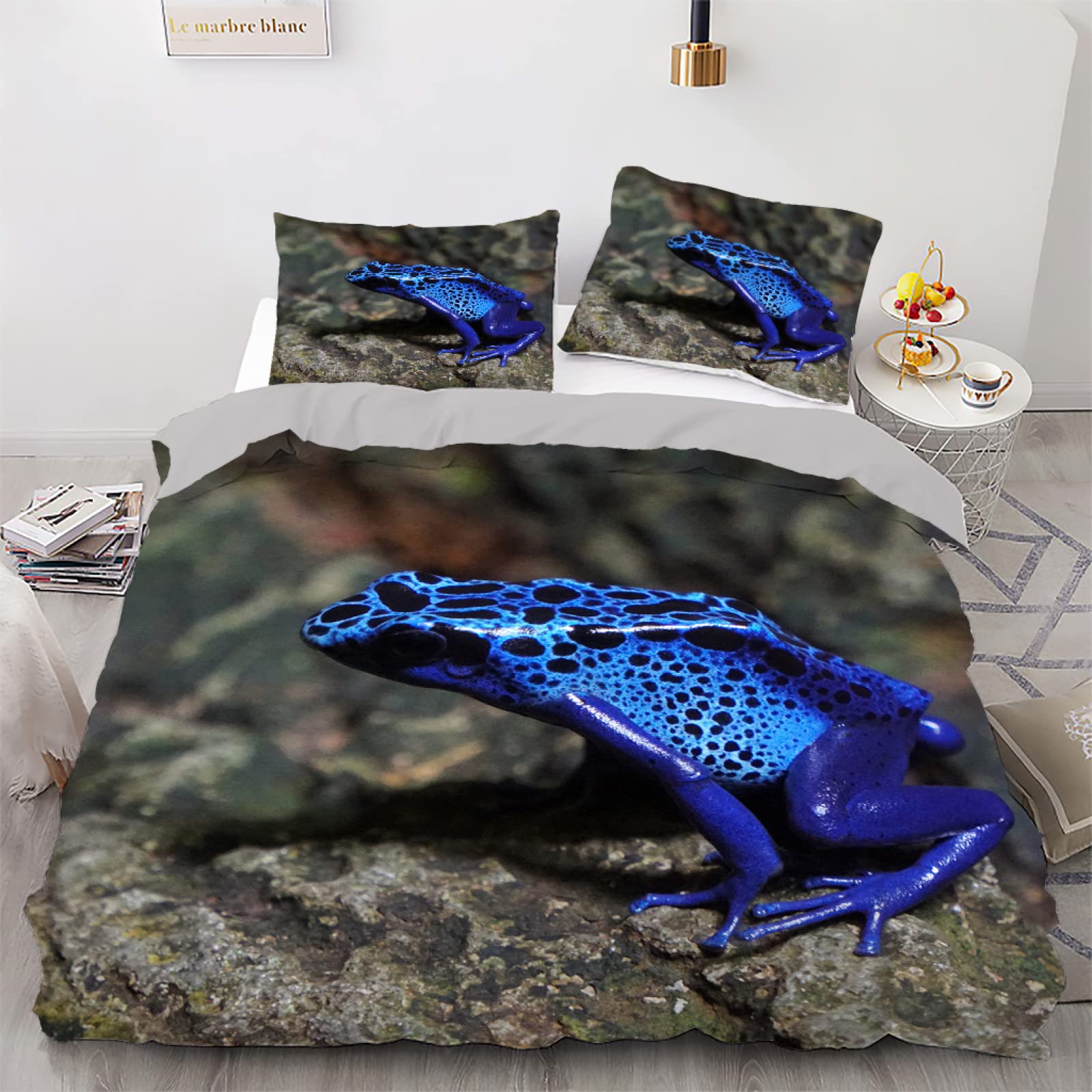 Housse de couette 140x200 grenouille bleue parure microfibre avec 2 taies d'oreiller