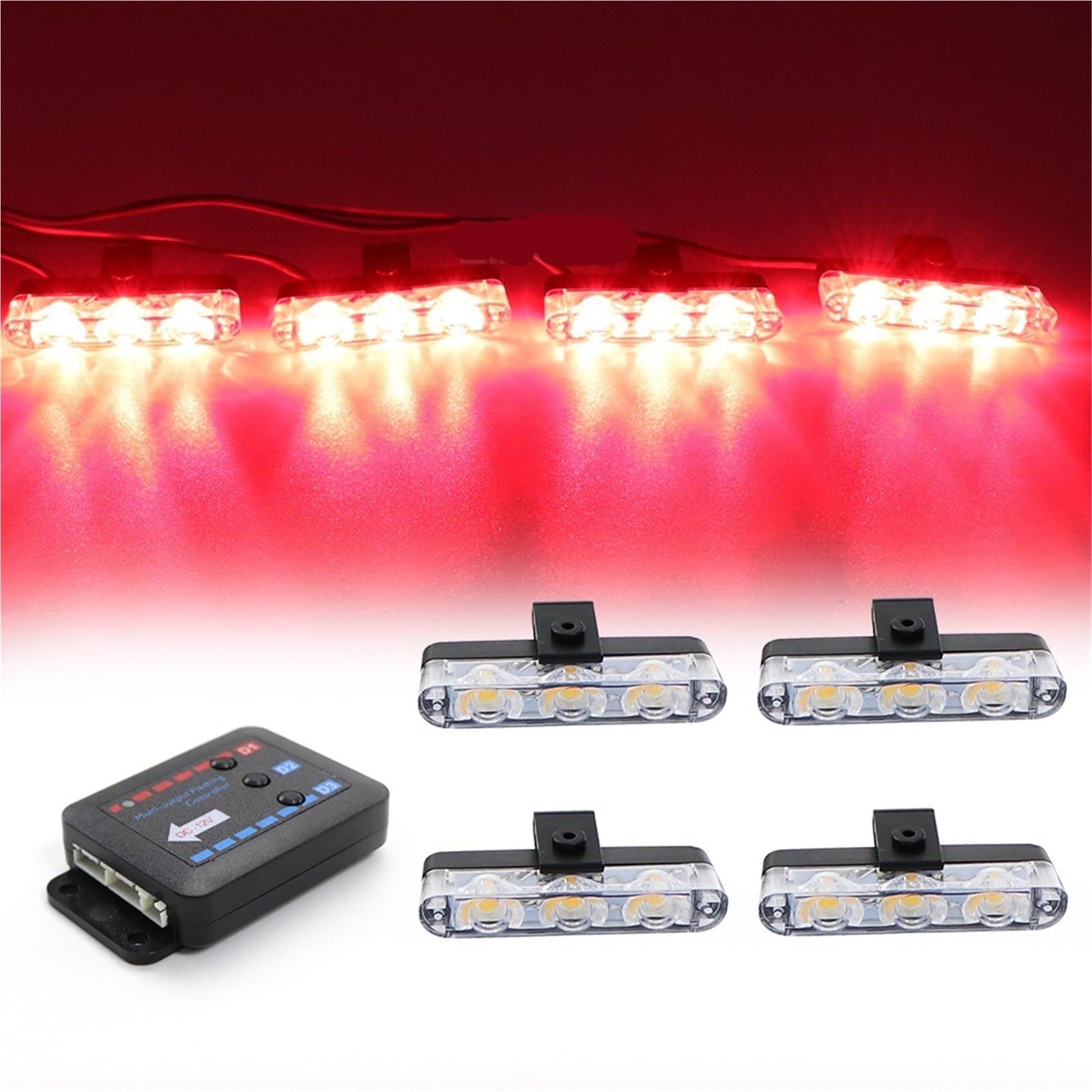 4 luces estroboscópicas LED for coche con 3 LED cada una, rojas, azules y amarillas, for emergencias, señalización intermitente, for bomberos, policía, baliza, luz de advertencia, 12 V(Red)