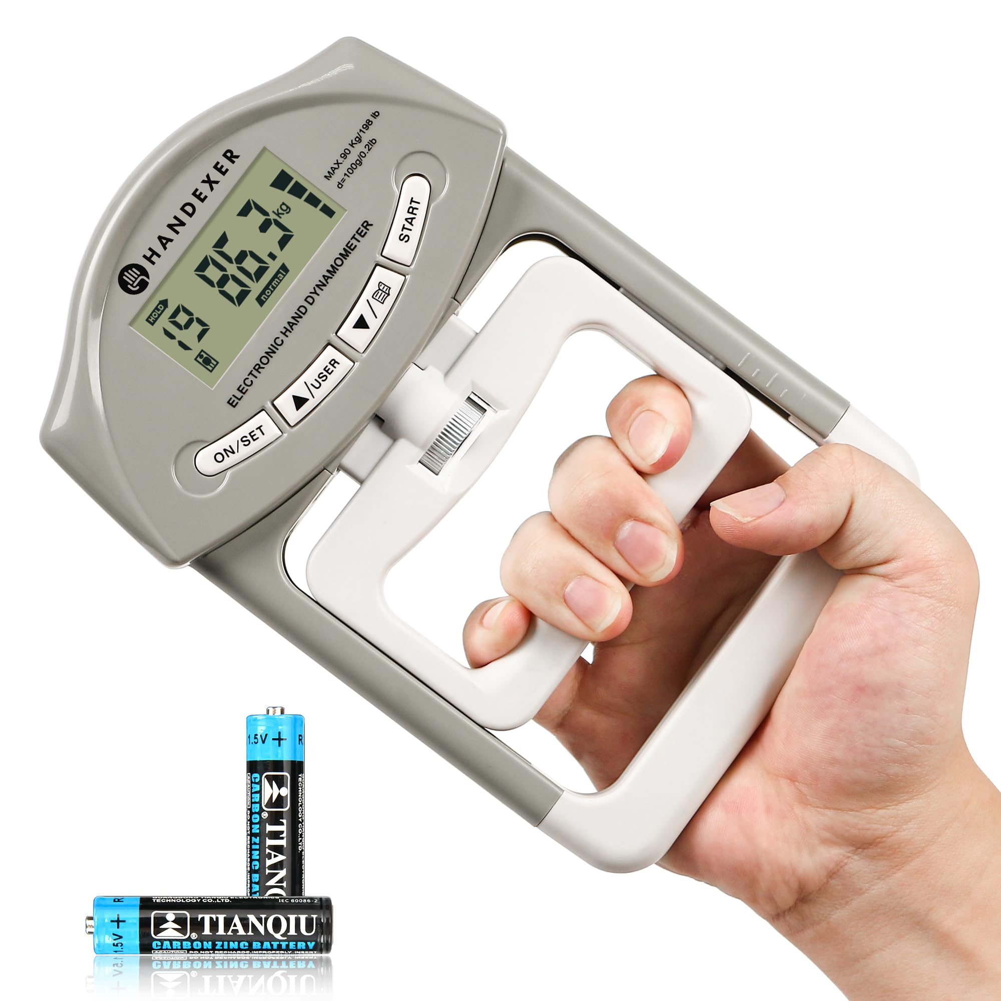 Digitaler Griffkraftmesser 0-120kg – Professionelles Handdynamometer mit LCD-Display, Verstellbarem Griff & Alters-Normtabelle für Kraftmessung, Training