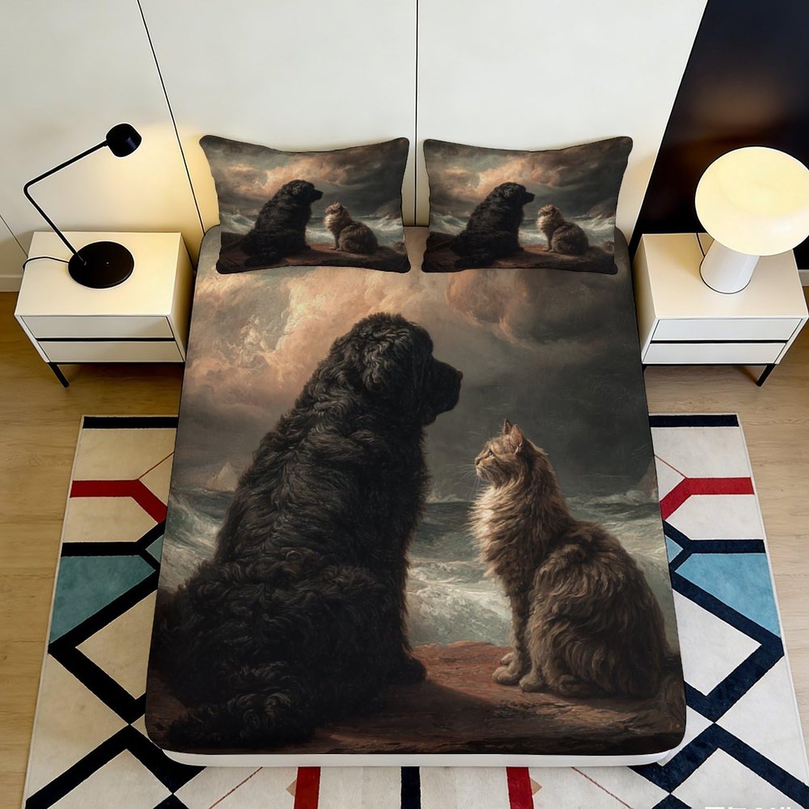 3D Printed Dog Cat Ocean Art Fitted Sheet Microfiber Soft Breathable Animal Scene Mattress Cover Bedroom Decor 90x200x25cm
