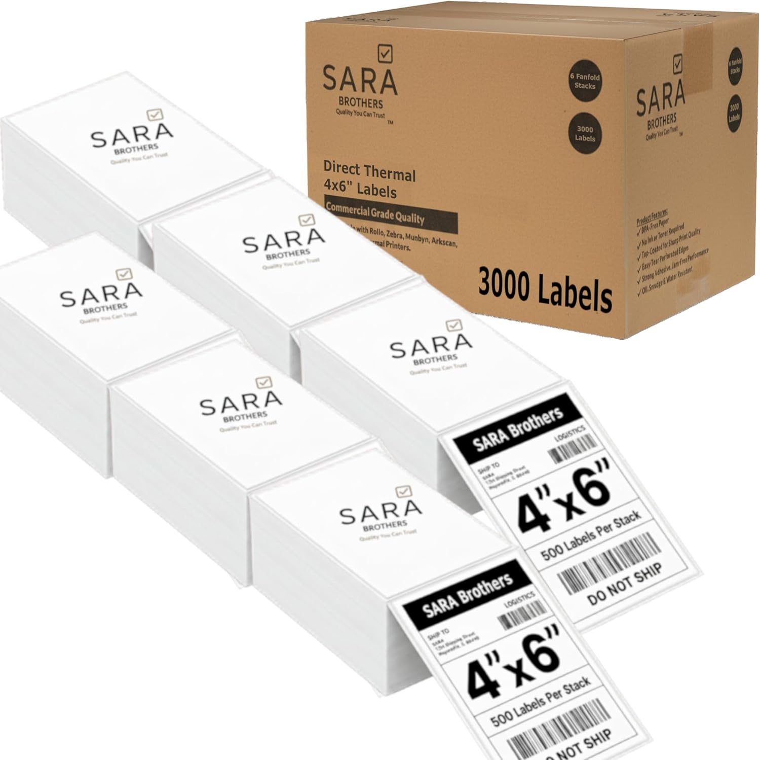 SARA Brothers #1 Commercial Grade 4x6 Fanfold Thermal Shipping Labels 3000 Labels (6 Fanfold Stacks), Perforated, Waterproof, BPA-Free, Strong Adhesive, Jam-Free, Compatible with Rollo, Zebra, Munbyn