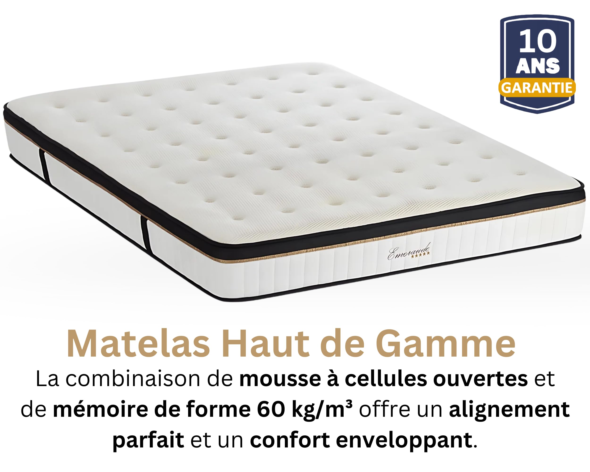 Maison Aubertin - Ensemble Matelas Sommier Emeraude 180x200, Ép 54, à Mémoire de Forme Haute Densité 60 kg/m³, Mousse à Cellules Ouvertes, Lit en Bois Massif, 2 Personnes