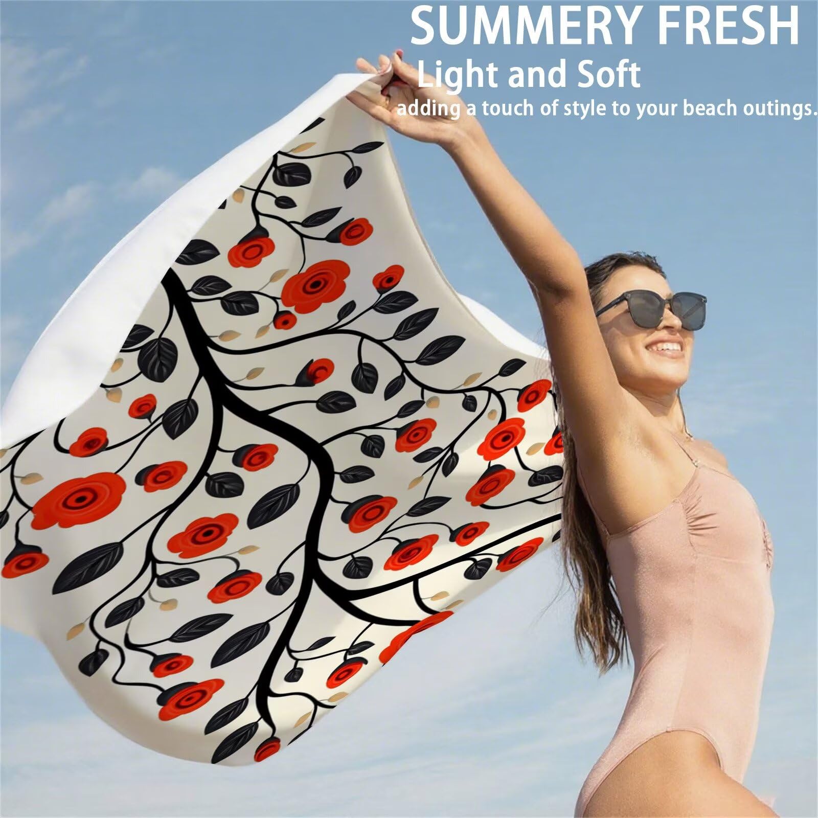 Ręcznik plażowy z mikrofibry, 85 x 170 cm, ręcznik plażowy w kwiaty, ręcznik do sauny, nie zawiera piasku, szybkoschnący, chłonny ręcznik plażowy, ręcznik sportowy na podróż, urlop, do pływania, na