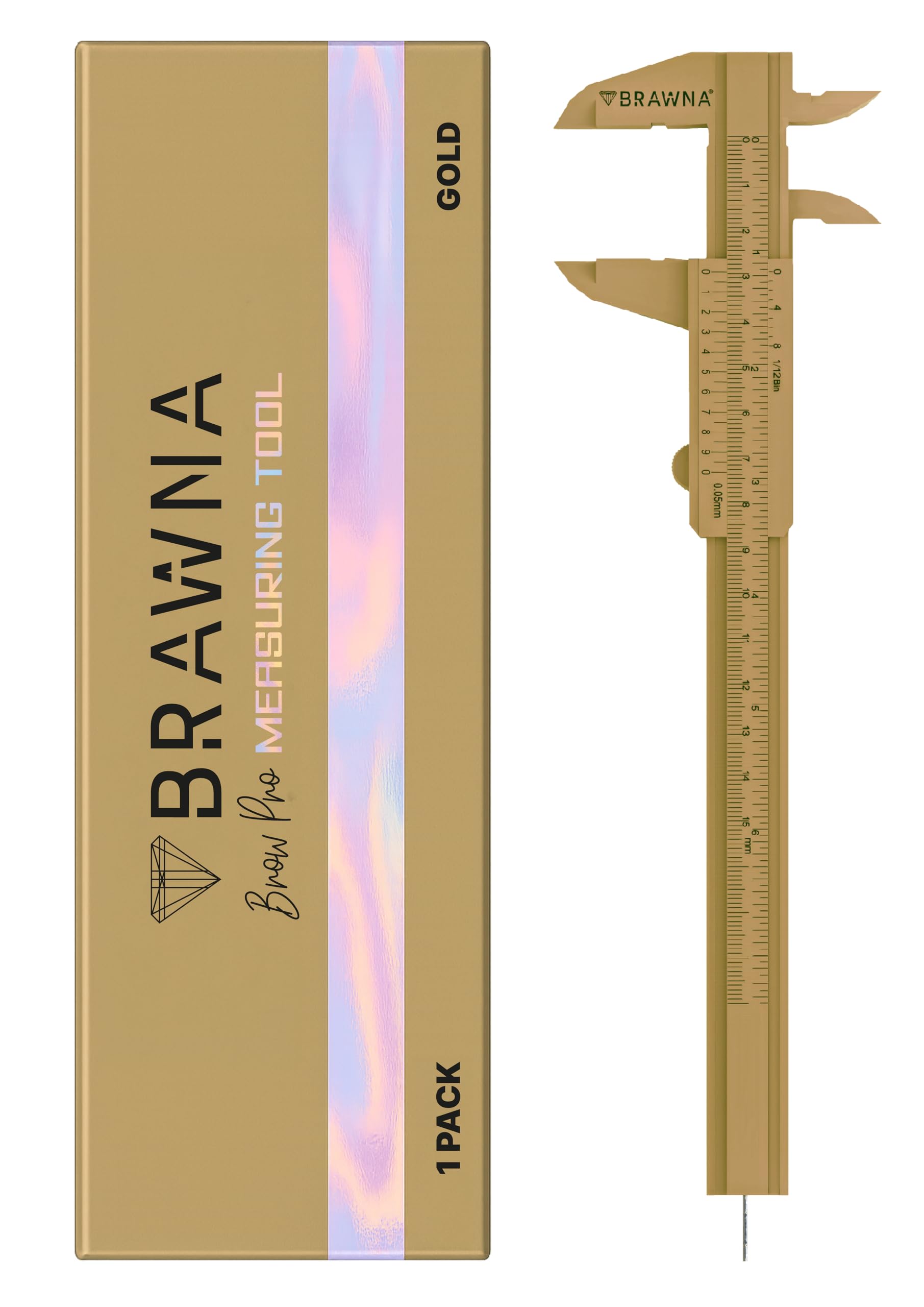 BRAWNA Brow Pro Measuring Tool with 1 Eyebrow Ruler Sticker - Double Scale Eyebrow Ruler for Microblading, Brow & Makeup Artists - Eyebrow Caliper Ruler Plastic- Gold