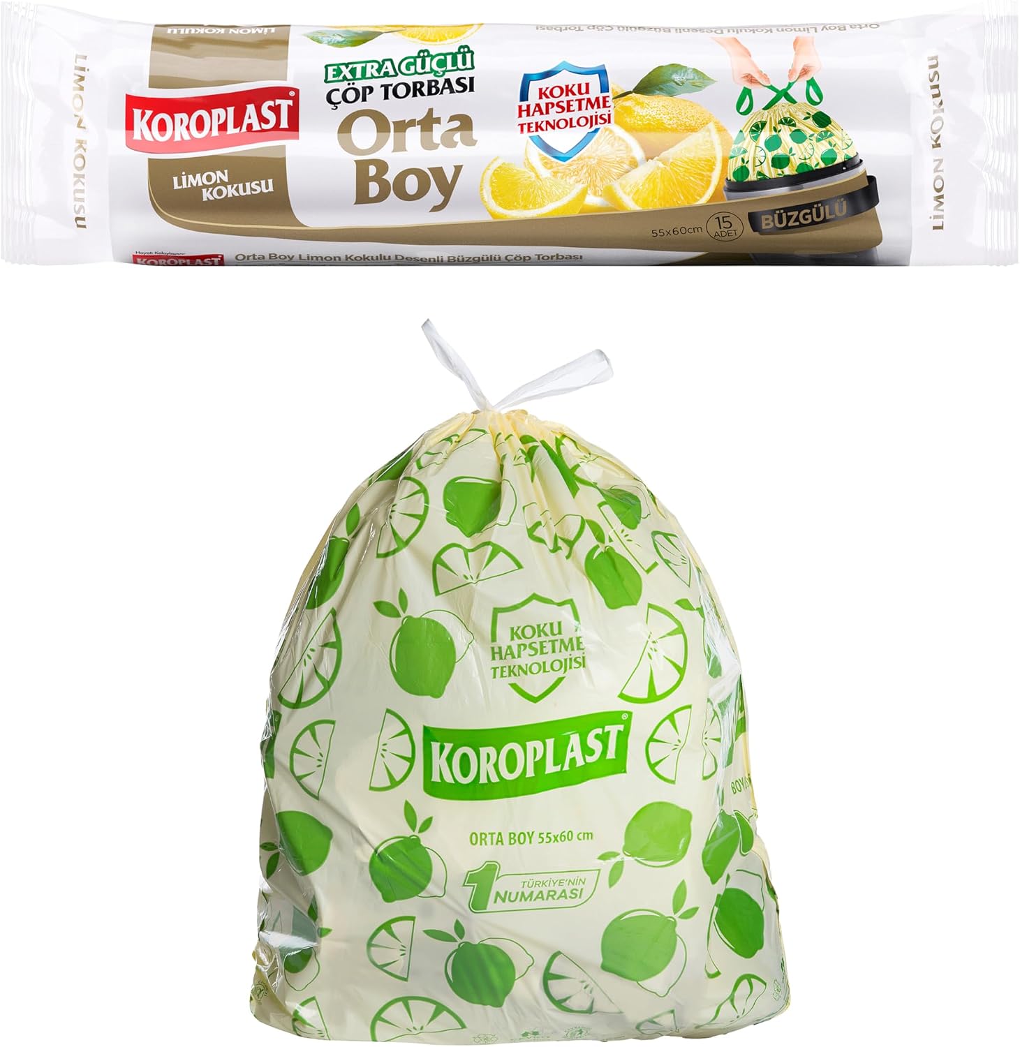 Koroplast Ekstra Güçlü Limon Kokulu Büzgülü Orta Boy Çöp Poşeti 15li