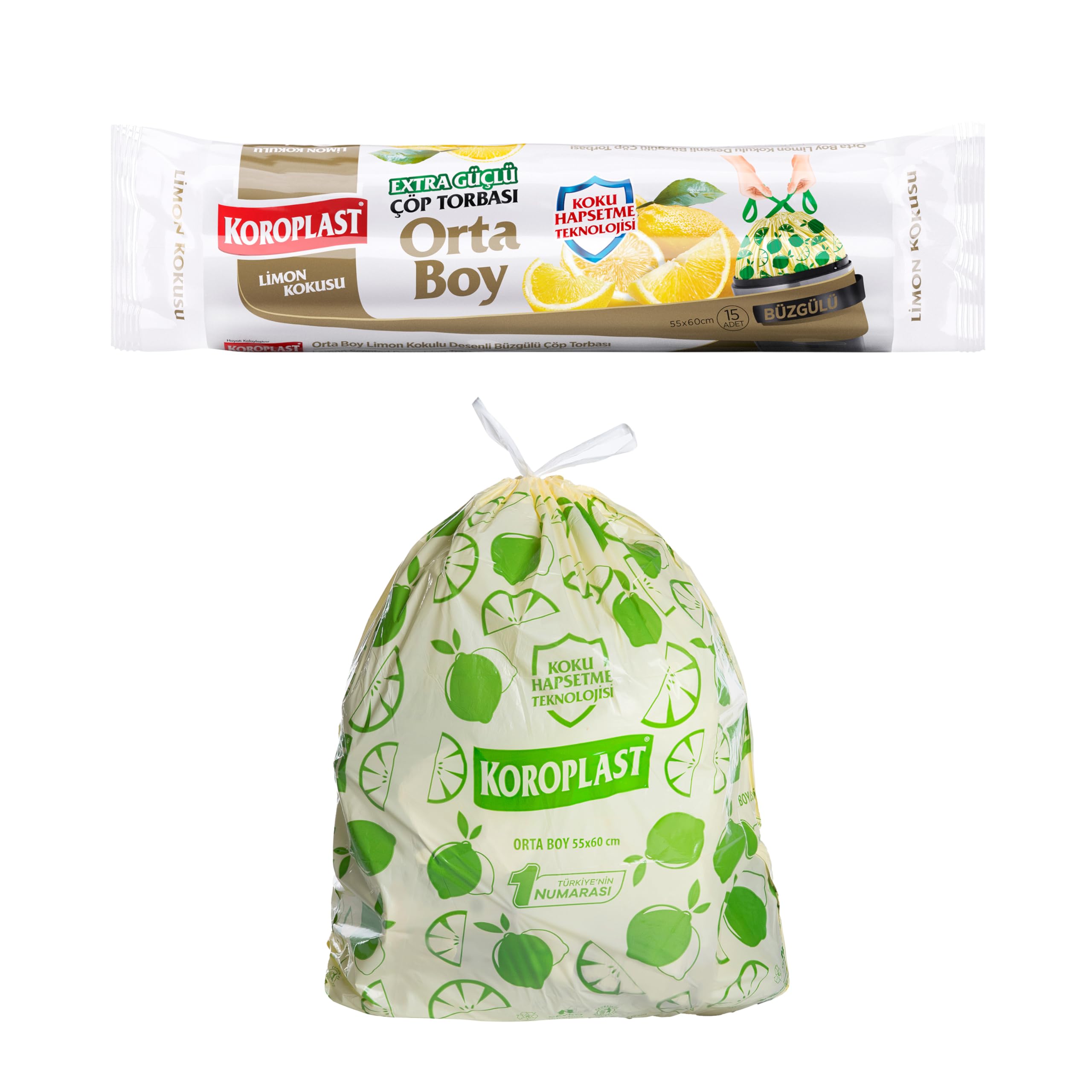 Koroplast Ekstra Güçlü Limon Kokulu Büzgülü Orta Boy Çöp Poşeti 15li