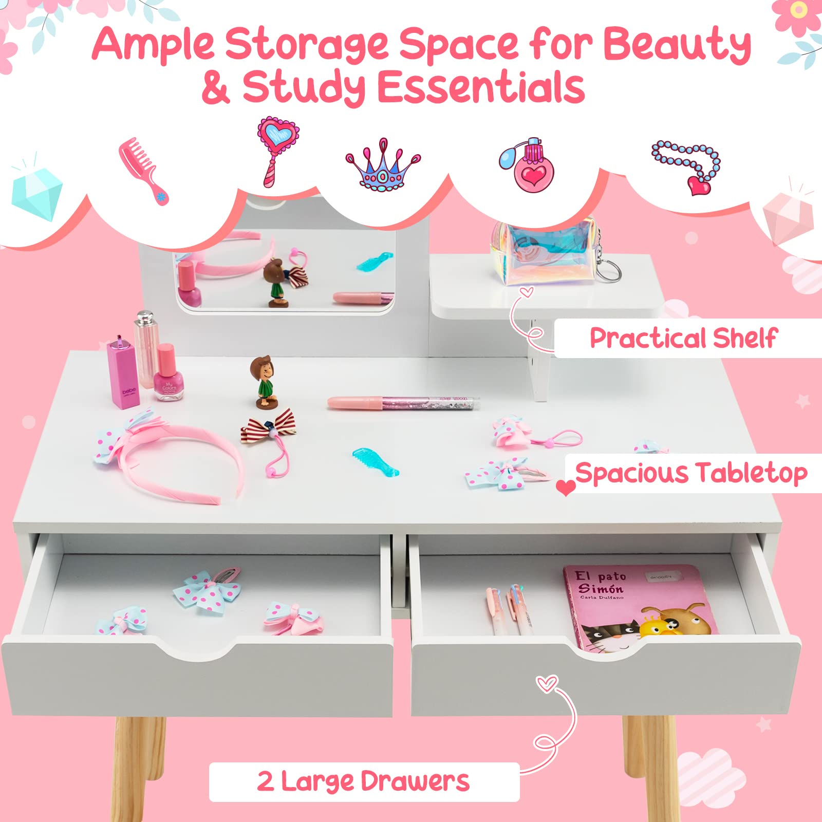 RELAX4LIFE 2 in 1 Toeletta Trucco Bambina con Sgabello, Specchio Staccabile, Set da Trucco con 2 Cassetti, Postazione Trucco per Bambini, 70 x 37 x 100 cm (Bianco)