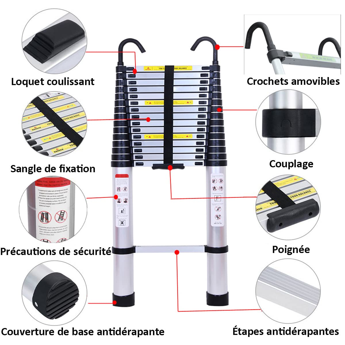 Échelles télescopiques 6,2m avec Crochets, 15 marches échelle en Aluminium, échelle multifonctionnelle avec protège-Doigts, échelle Extensible Pliable pour toiture, Charge Maximale 150kg