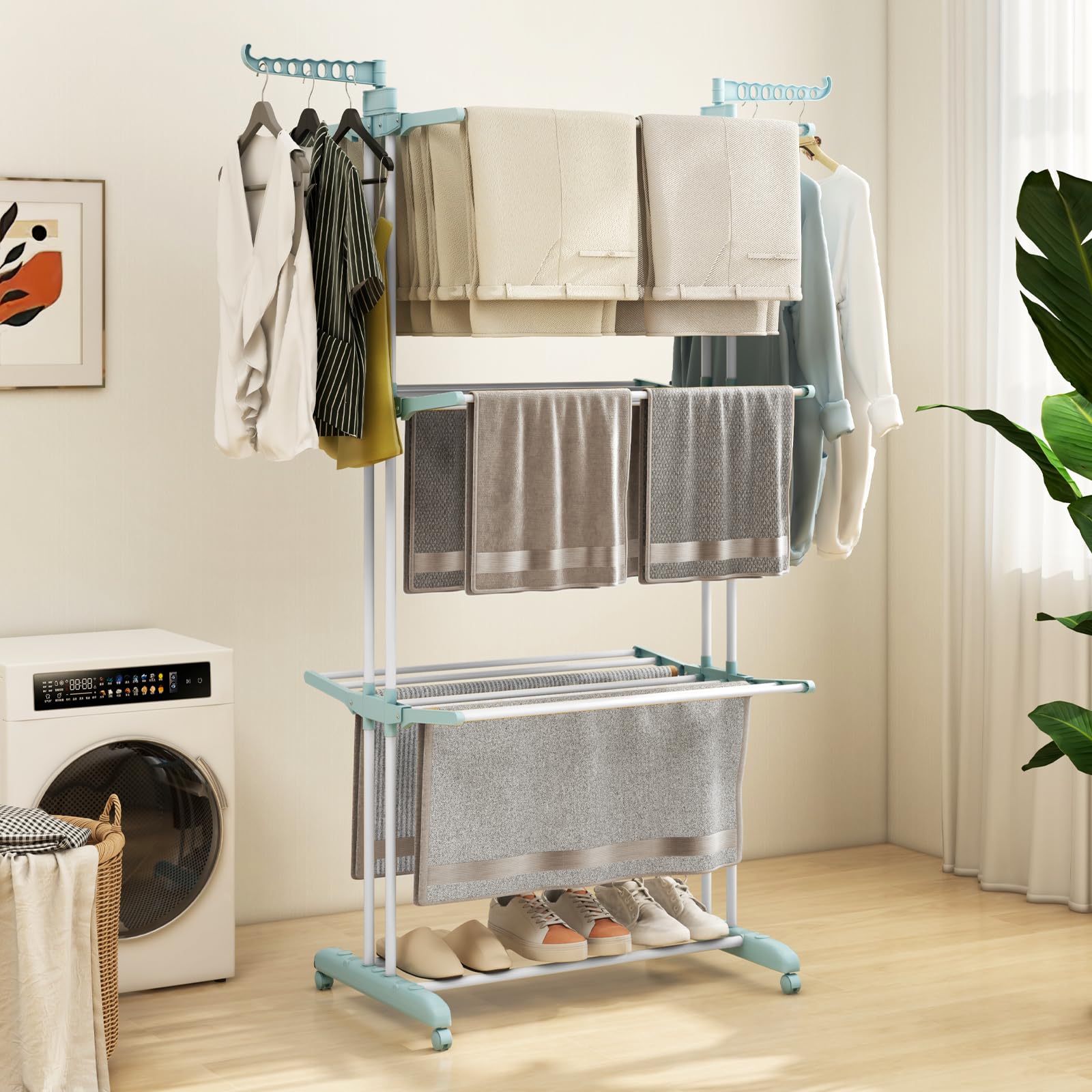 COSTWAY Sechoir à Linge Pliable 3 Niveaux, Étendoir Linge à roulettes en Métal, Sechoir Tancarville Solide avec 2 Porte-cintres, Porte-Chaussures, Seche Linge Intérieur Extérieur (Bleu Clair)