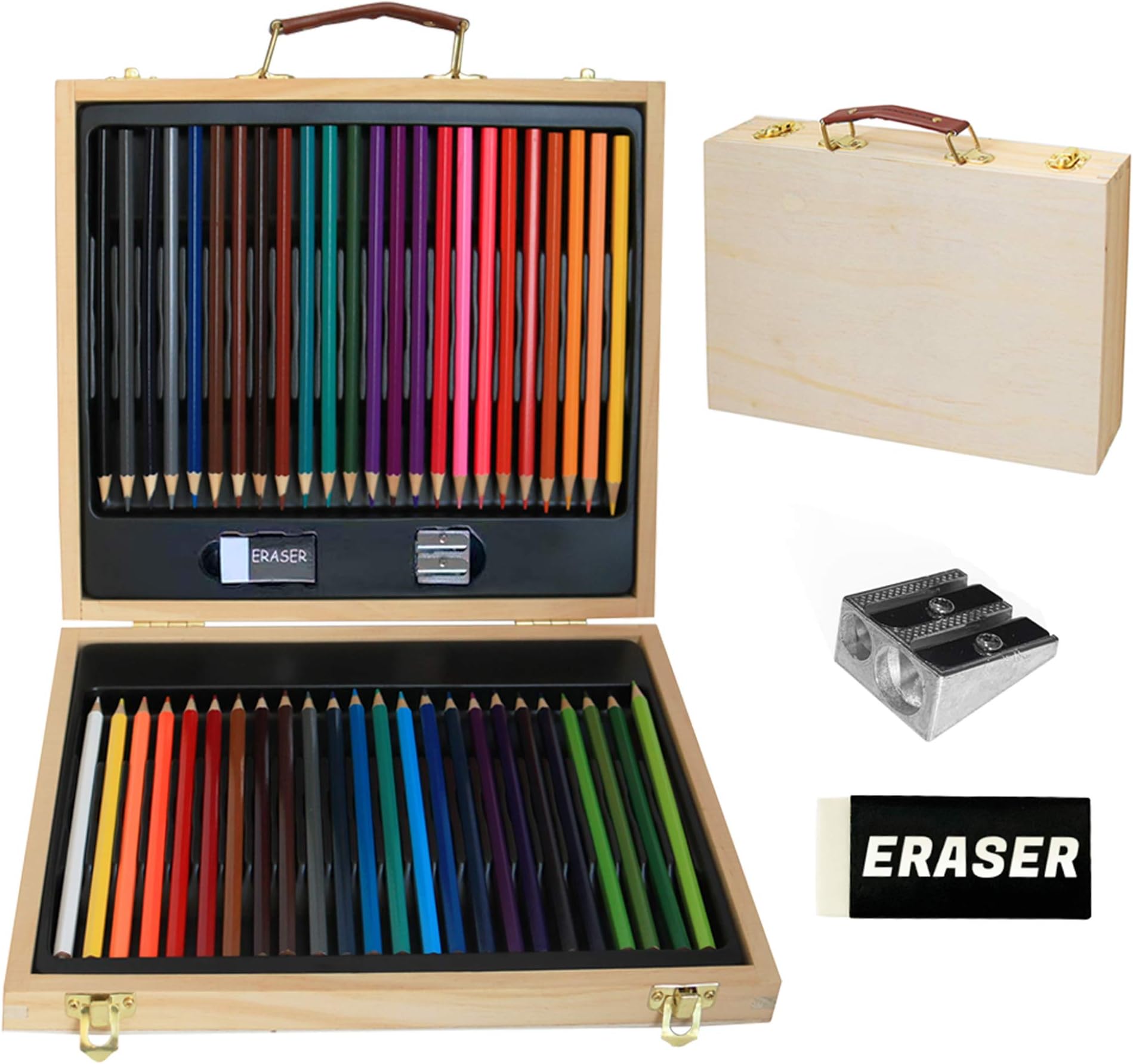 LUCYCAZ Colored Pencils, 48 Coloring Pencils in Wood Box with Double Hole Sharpener and Rubber for Drawing and Coloring