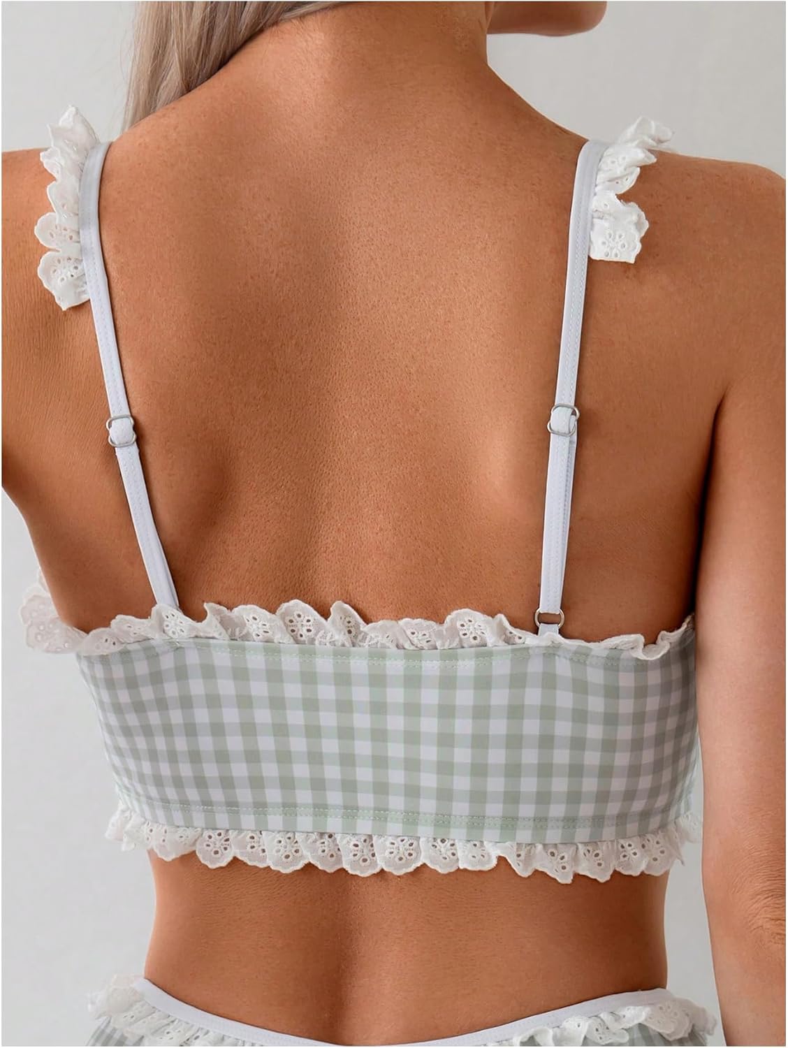 MakeMeChic Women's Plaid Gingham Tankini Bathing Suit Eyelet Embroidery Ruffle Swimsuit Top with Boyshorts