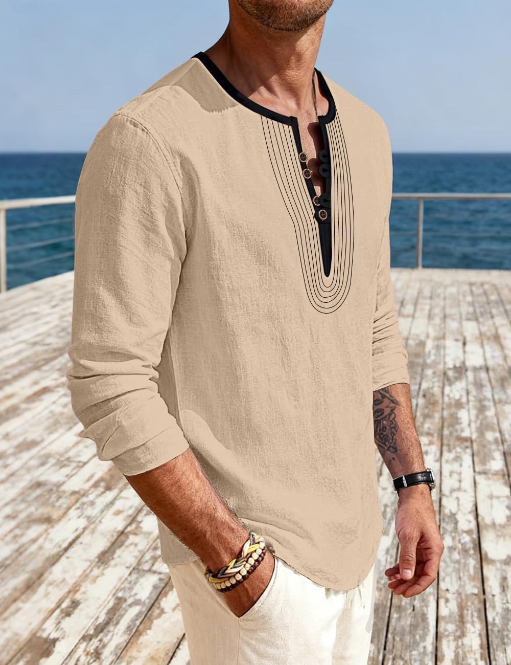 Mens Linen Shirts Henley T-Shirts Long Sleeve Tops Casual Beach T-Shirts Yoga Shirts for Men - Image 5