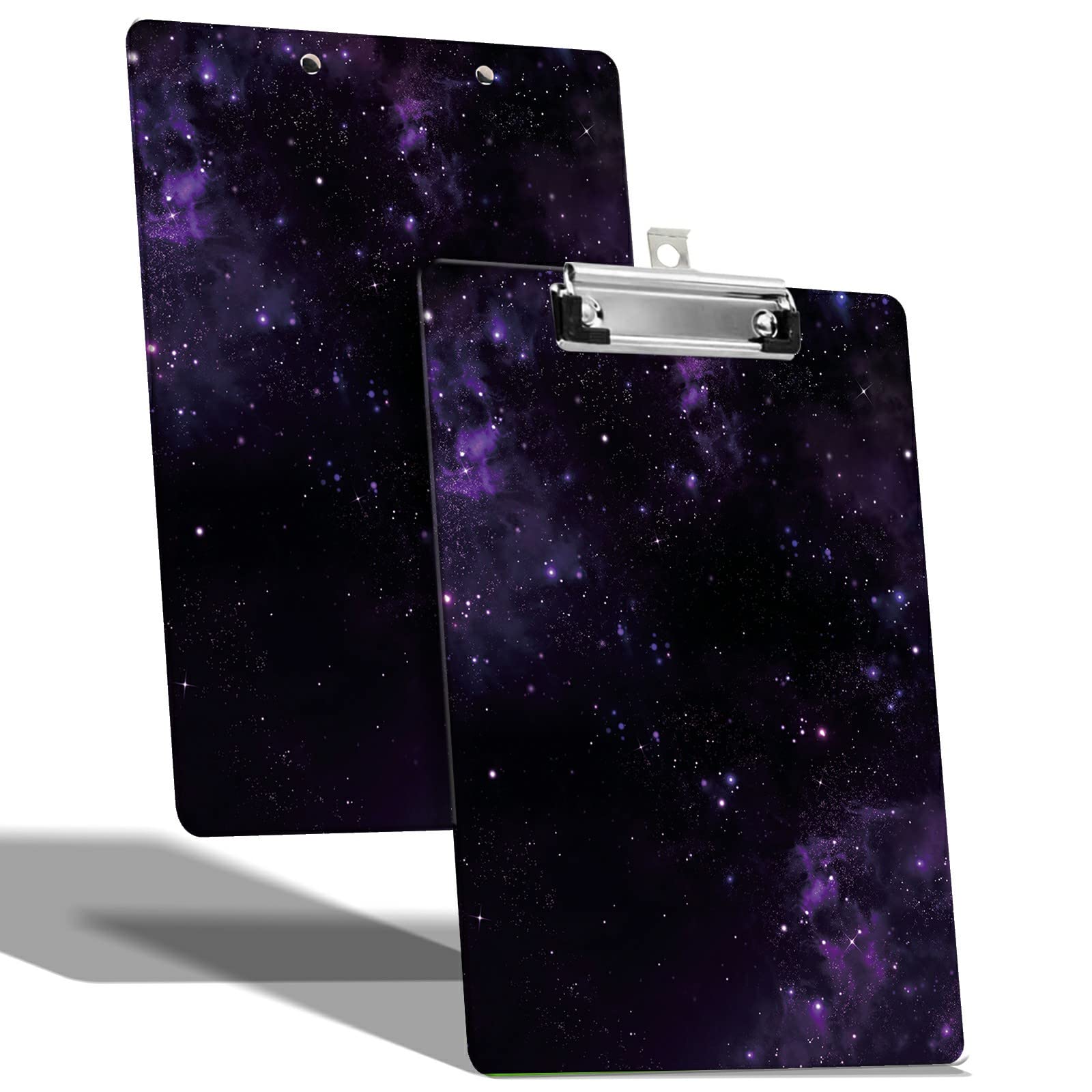 A4 Size Clipboard with Hanging Hook and Low Profile Clip, Plastic Nurse Clipboard Writing Drawing Board with Double-Sided Print for Office School Use, Purple Galaxy