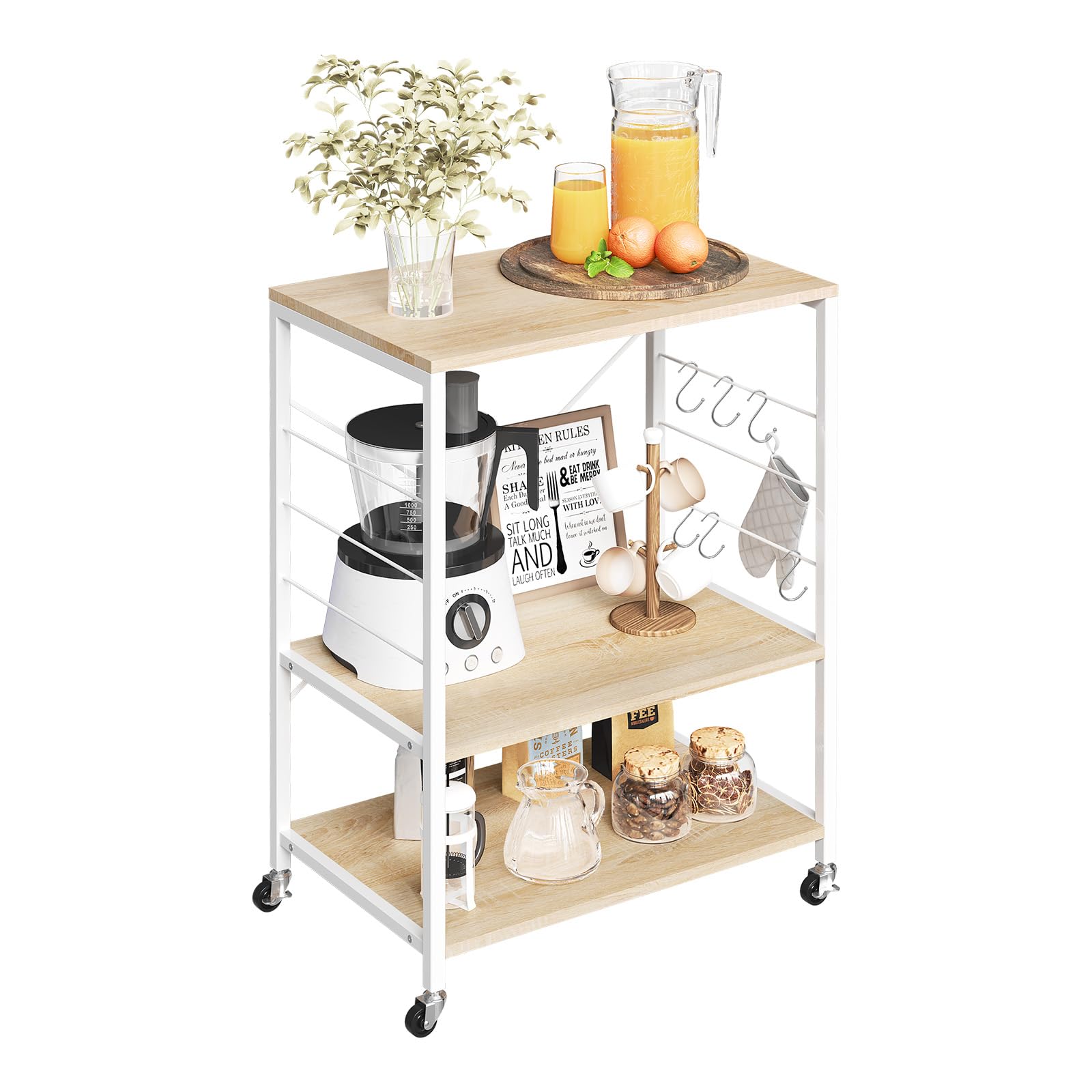 WOLTU Estantería de Cocina con Ruedas, Carrito Auxiliar con Estanteria Almacenaje 3 Niveles, Carro Cocina con 4 Ganchos, Estante de Microondas, Marco Metalico, Blanco + Roble Claro, 60x40x82,5 cm