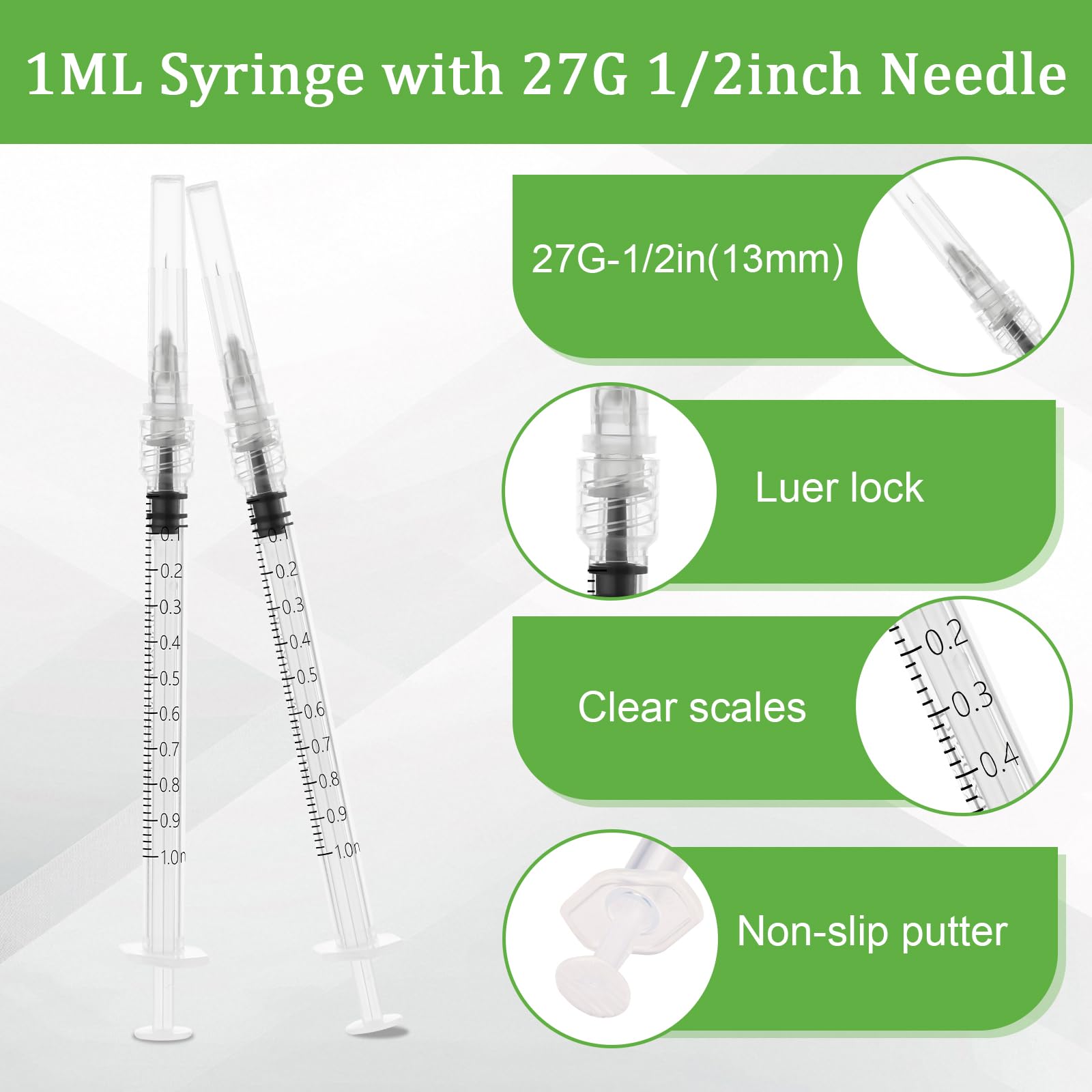 1ml Syringe with 27Ga 1/2inch Needle, 1cc Luer Lock Syringe, Pack of 100 — Amazon image 2