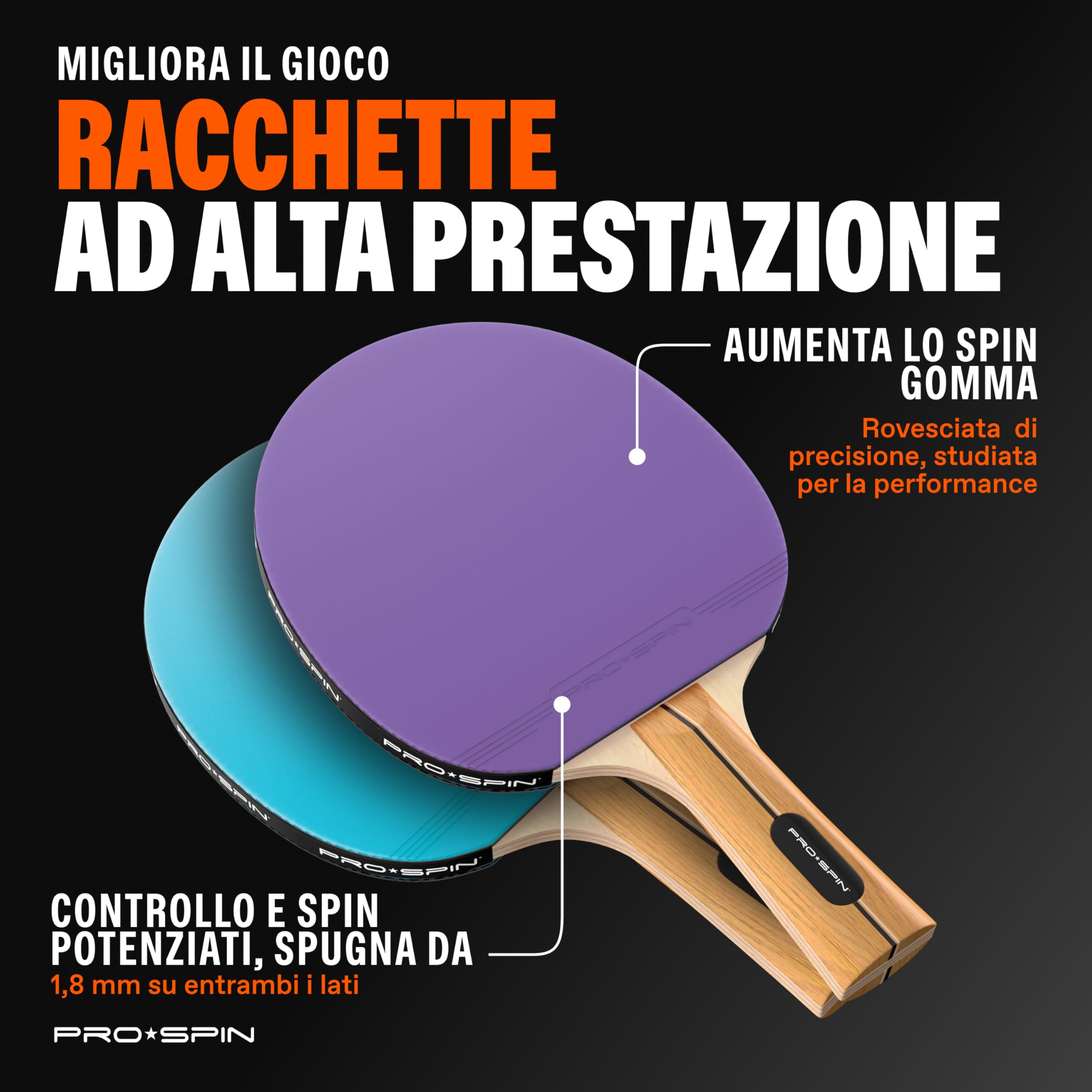 PRO-SPIN Racchetta Ping Pong | Set Professionale con Racchette da Tennis da Tavolo Premium, Palline Ping Pong 3 Stelle e Custodia | Per uso interno ed esterno