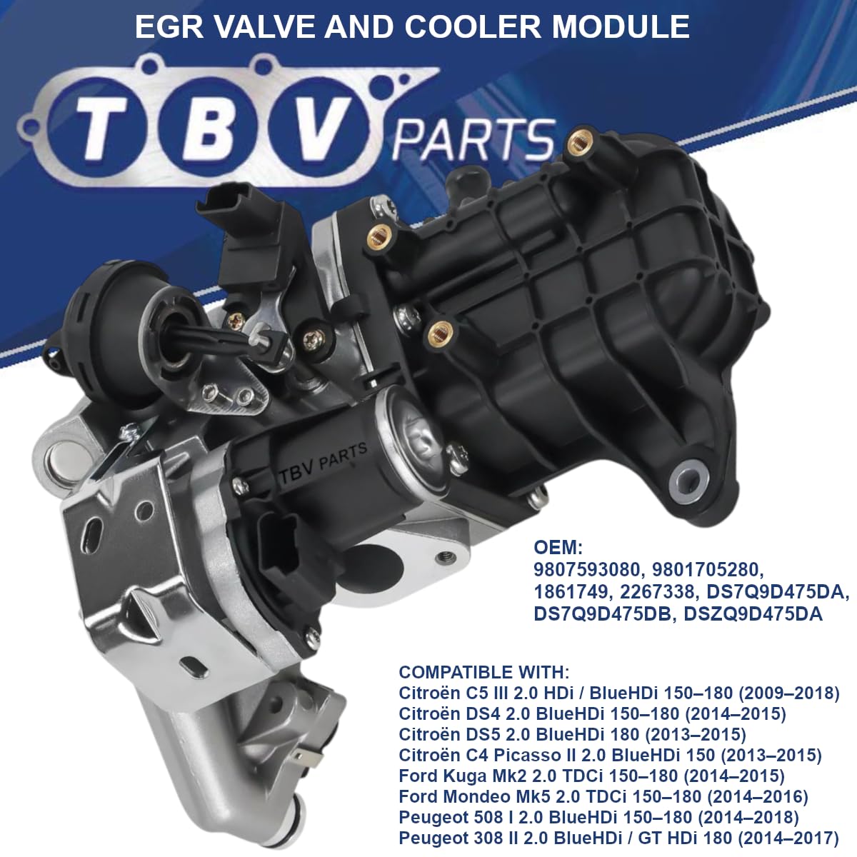 Enfriador con Válvula EGR 2.0 HDI 9807593080 9801705280 1861749 2267338 DS7Q9D475DA, DS7Q9D475DB DSZQ9D475DA 717720158 – Enfriador de gases de escape para C5, 508, Mondeo