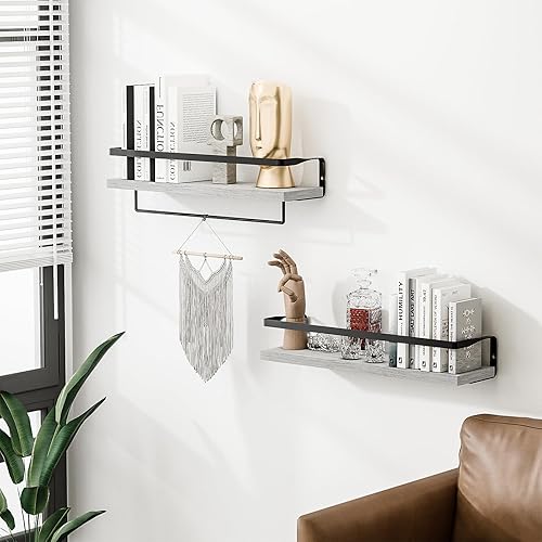 Miniatura 7 de Estantes de baño con toallero, estantes flotantes para baño, cocina, dormitorio, madera de paulownia, marco de metal negro mate, juego de 2 unidades