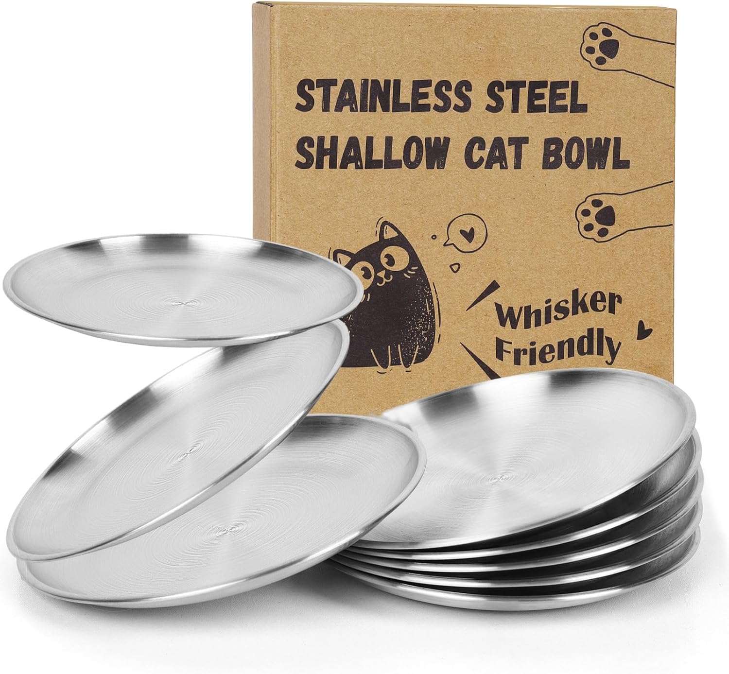 8-Pack Stainless Steel Cat Food Bowls, Shallow Whisker-Friendly Non-Slip Silicone Base Metal Dishes, Easy to Clean Indoor Feeding Flat Plates for Cat, Kitten, Small Dog (6.7") 8 PCS Plate