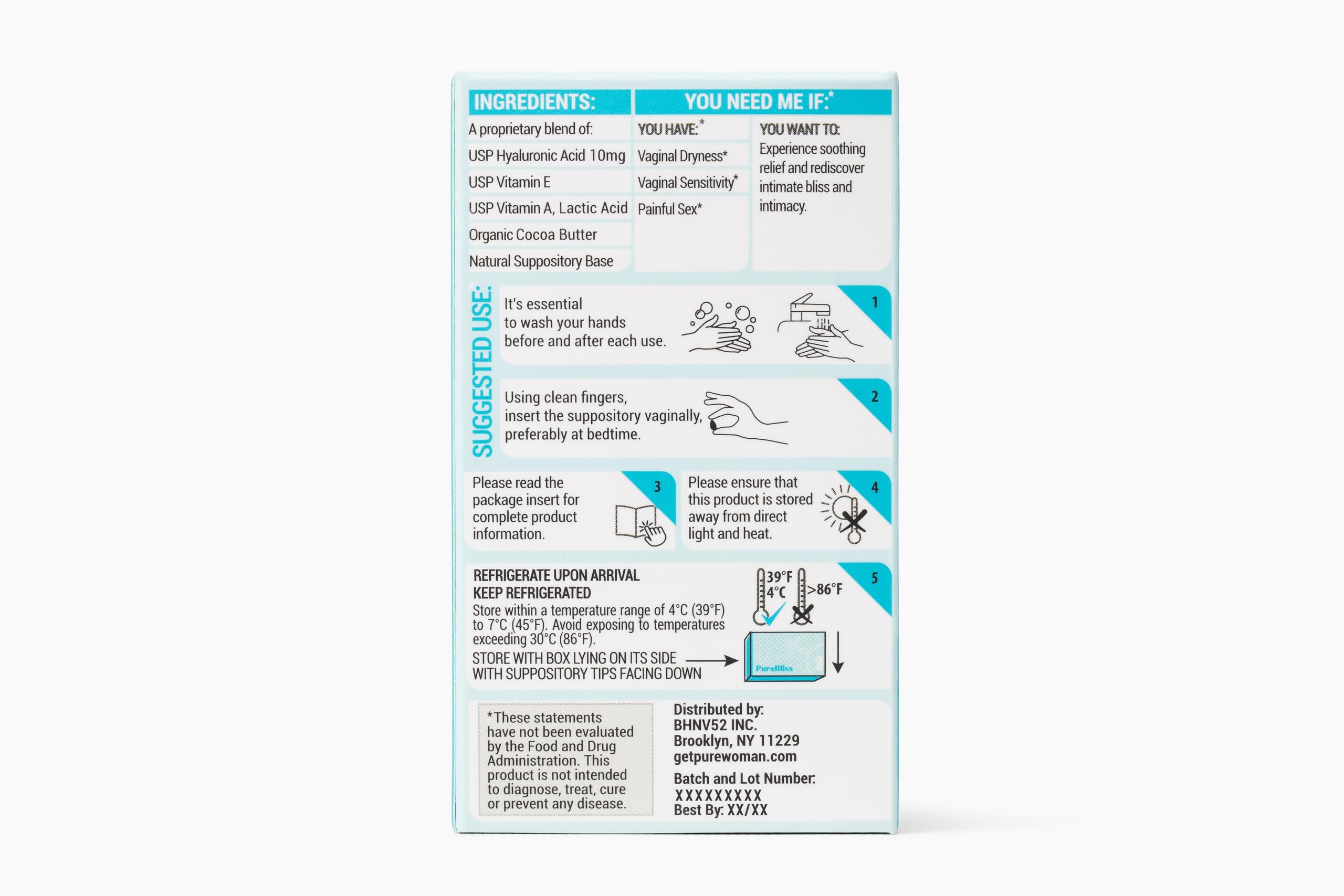 PURE WOMAN - Pure Bliss - Vaginal Moisturizing Suppositories - Hyaluronic Acid, Vitamin E, Vitamin A, Lactic Acid - Supports Vaginal Moisturization - Long Lasting Comfort & Sensitivity Relief - 10 Pk
