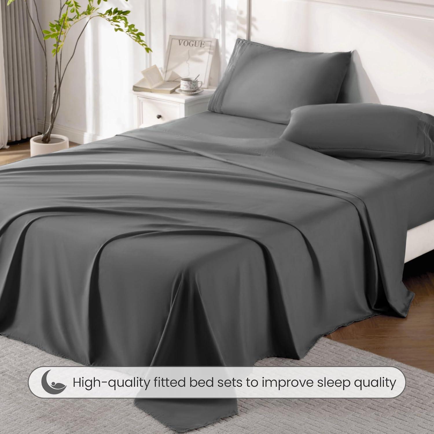 ROSE&RISY Dark Grey Queen Sheet Set, 4 Pieces Soft Bedding Queen Sheet Set, Breathable and Cooling,Includes 1 Fitted, 1 Flat, 2 Pillow Cases - Deep Pocket(Dark Grey, Queen) - Image 5