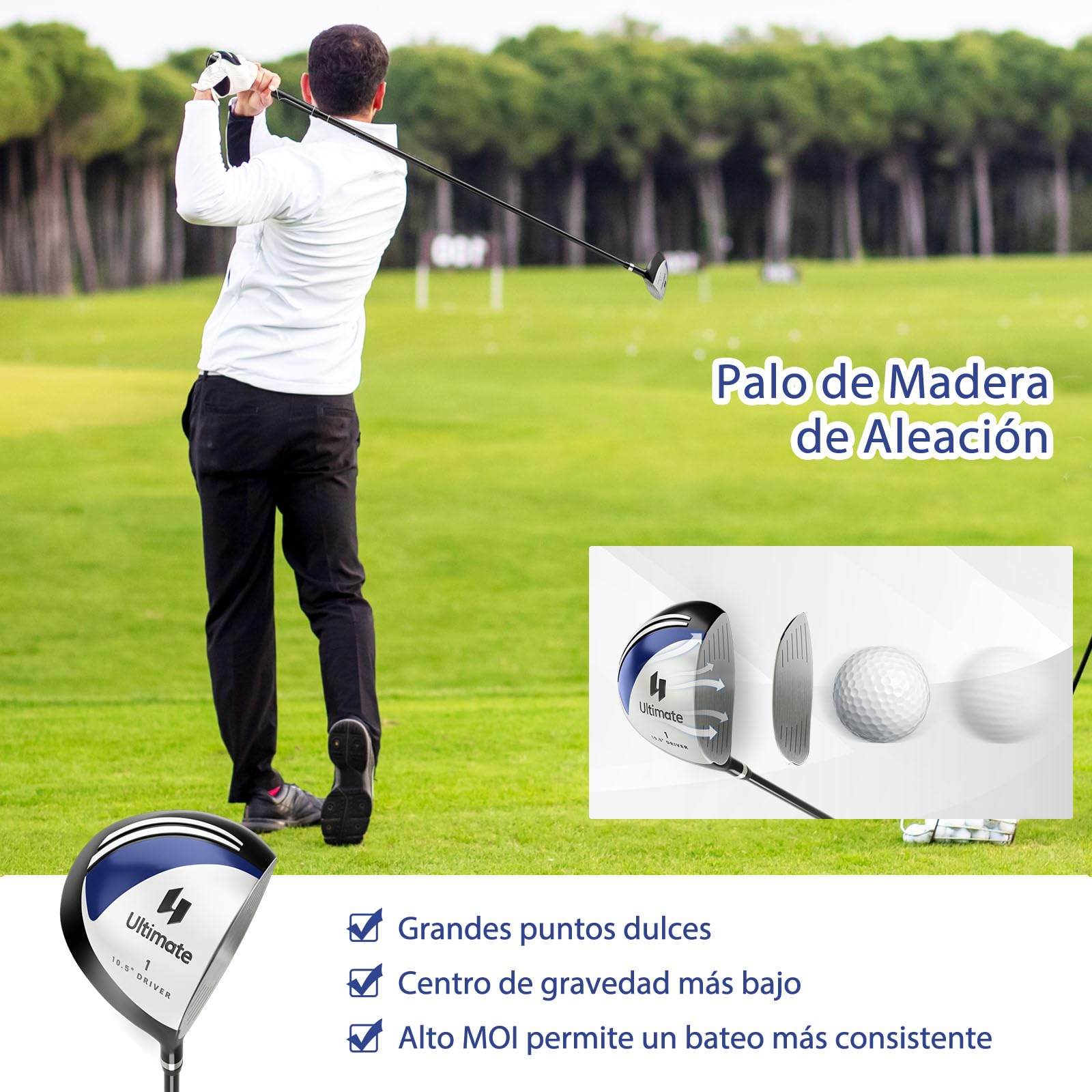 COSTWAY Juego Completo de Palos de Golf de 9 Piezas para Hombre, Driver De Aleación, Madera de Calle 3#, Híbrido 4#, Hierros 6#, 7#, 8#, 9# Y P#, Putter y Fundas para Cabeza