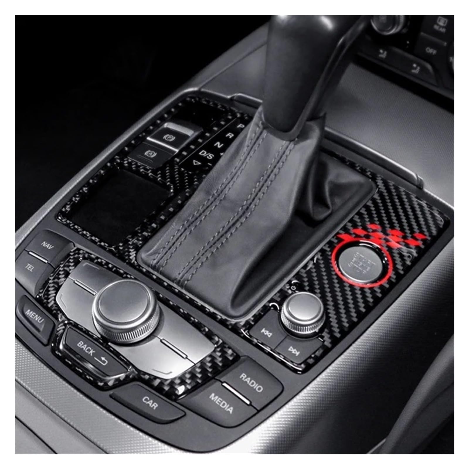 Naklejka na konsolę środkową z włókna węglowego, panel dźwigni zmiany biegów, akcesoria do wnętrza samochodu, kompatybilna z Audi A6 C7 A7 4G8 2012-2018(Red RHD)