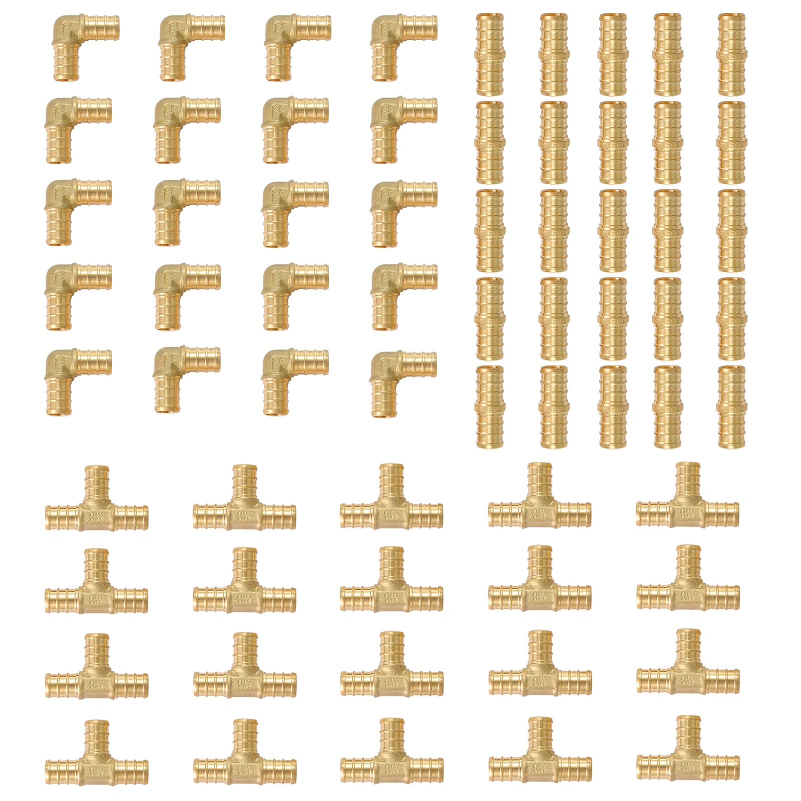 Paquete de 60 accesorios de crimpado de latón EFIELD Pex de 3/4 pulgadas, 20 piezas cada uno: T, codo y acoplamiento para conexión de tubería Pex, ASTM F1807