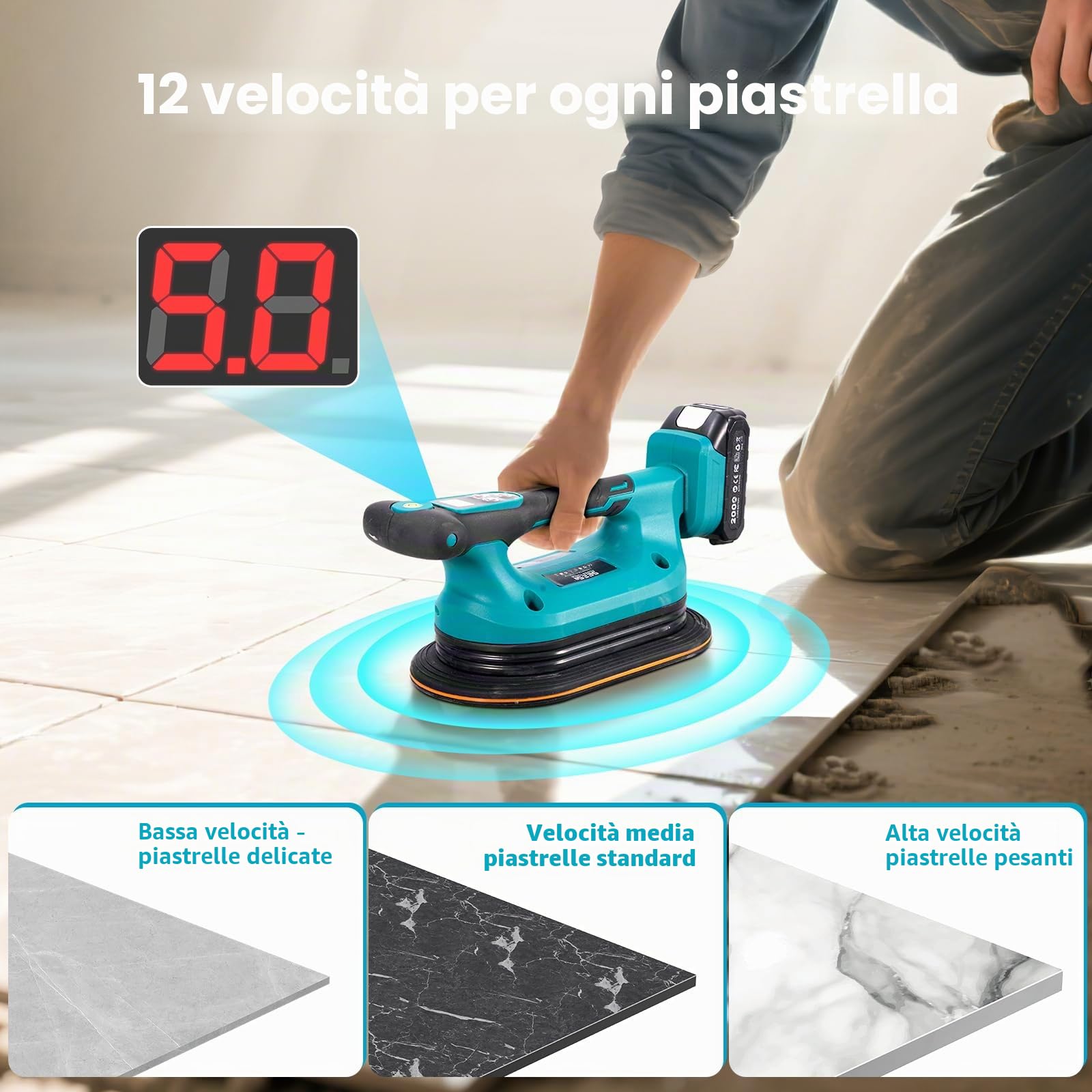 SEESII Vibratore per Piastrelle 285 mm, 2-in-1 Ventosa Vibrante per Piastrelle & Strumento di Vibrazione, 12 Velocità, Batteria 10 Ore, Livella – Vibratore Piastrelle per Formati Grandi (K919B)