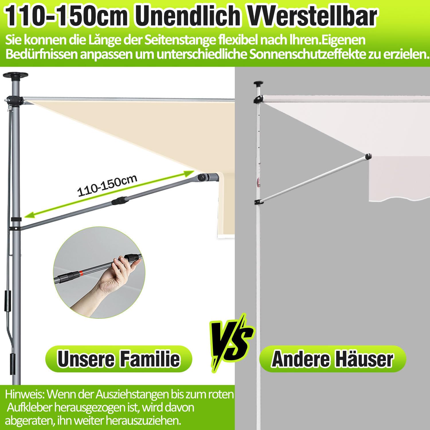 Ikodm Klemmmarkise 400cm Breit mit Handkurbel, Balkonmarkise ohne Bohren, Markise mit Verlängerten Einziehbaren Seitenstangen, UV-beständig höhenverstellbar Sonnenschutz, Beige