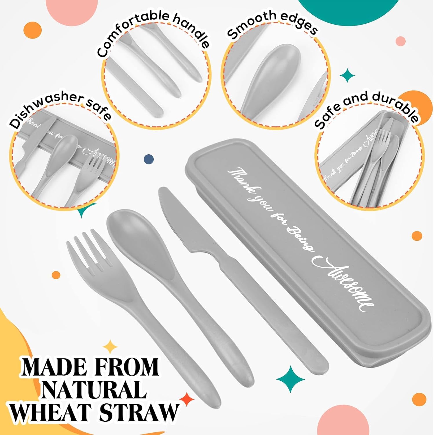 24 Pcs Employee Appreciation Week Gift Bulk Staff Reusable Travel Utensils Set with Case Wheat Straw Cutlery Portable Spoon Knife Fork Tableware Lunch Box Accessories for Picnic(Plain Color)