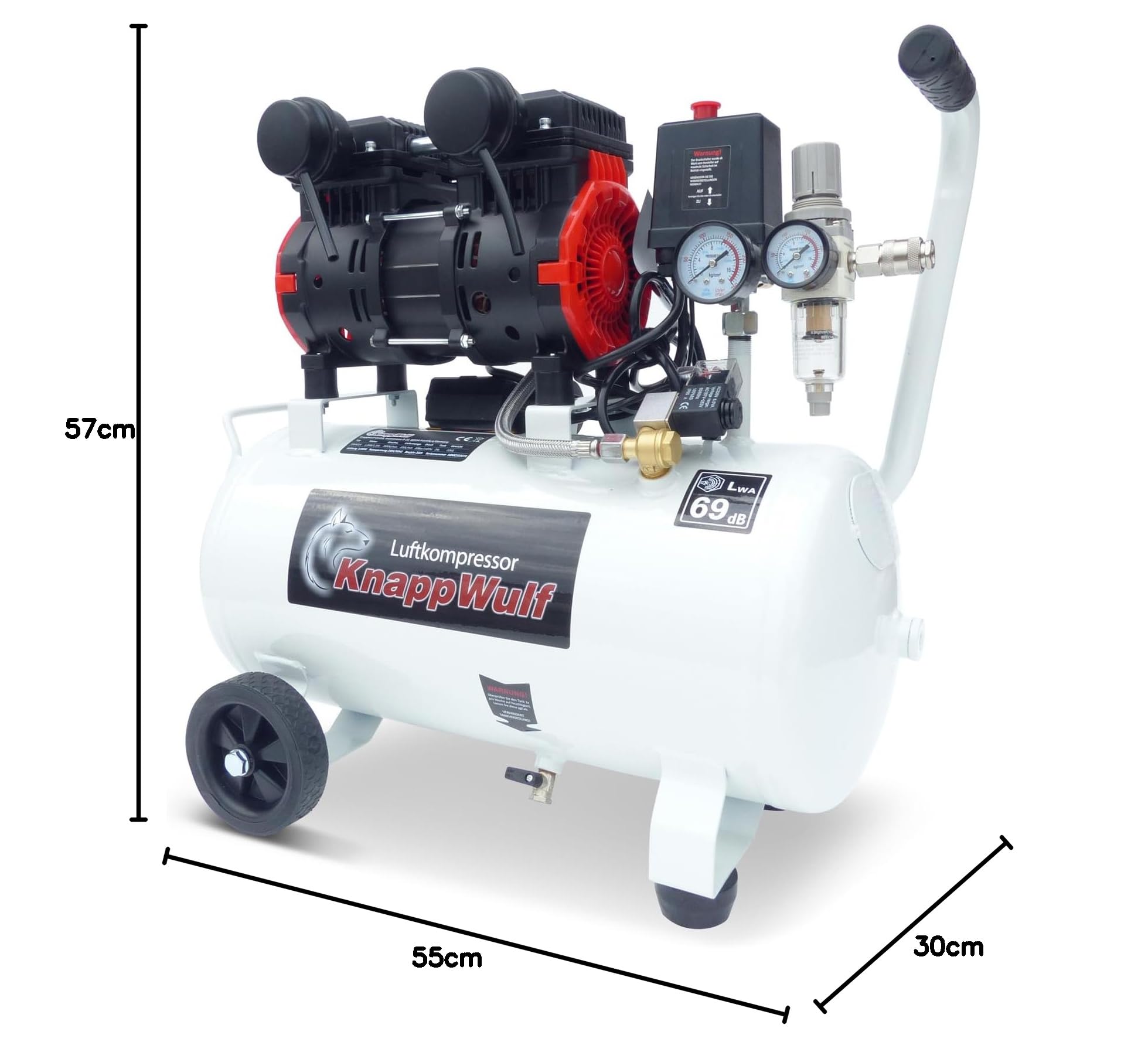 KnappWulf Flüsterkompressor Druckluftkompressor Kompressor KW4024 mit 24L 10 Bar 1100 Watt 1,5PS inkl. Wasserabscheider Kondenswasser Ablasshahn 69db