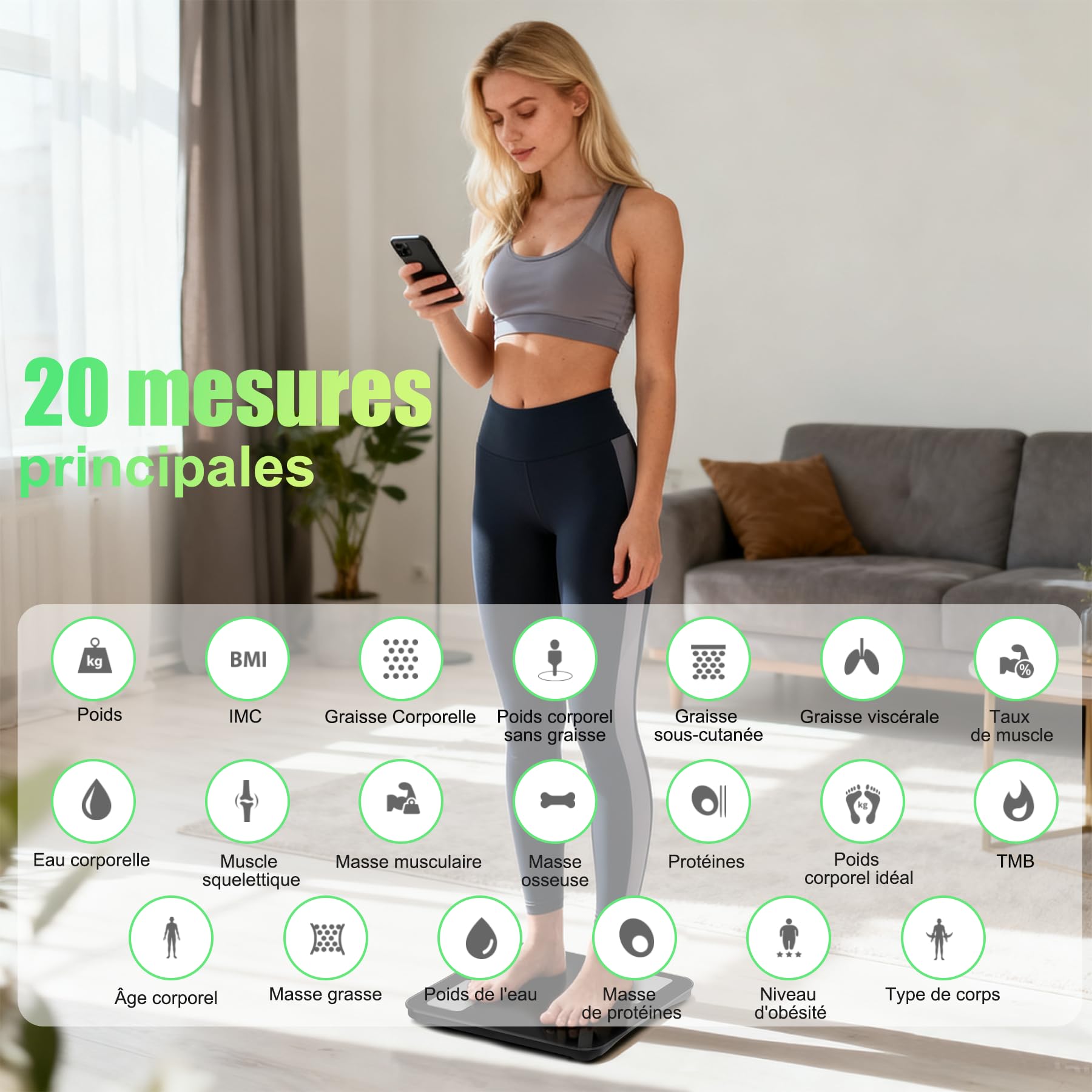 Pèse Personne Connecté, Balance Impédancemètre Écran Couleur VA, Courbe de Tendance, 20 Données (Graisse Viscérale, Muscle Squelettique, IMC), Max 180kg/400lb
