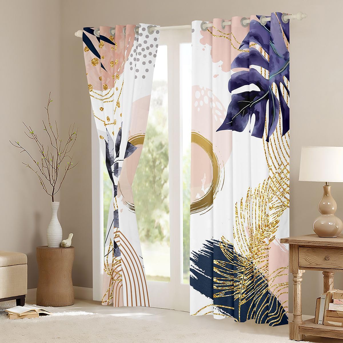 Homewish Lot de 2 Rideau Occultant 140x245cm Rose Boho Milieu du Siècle