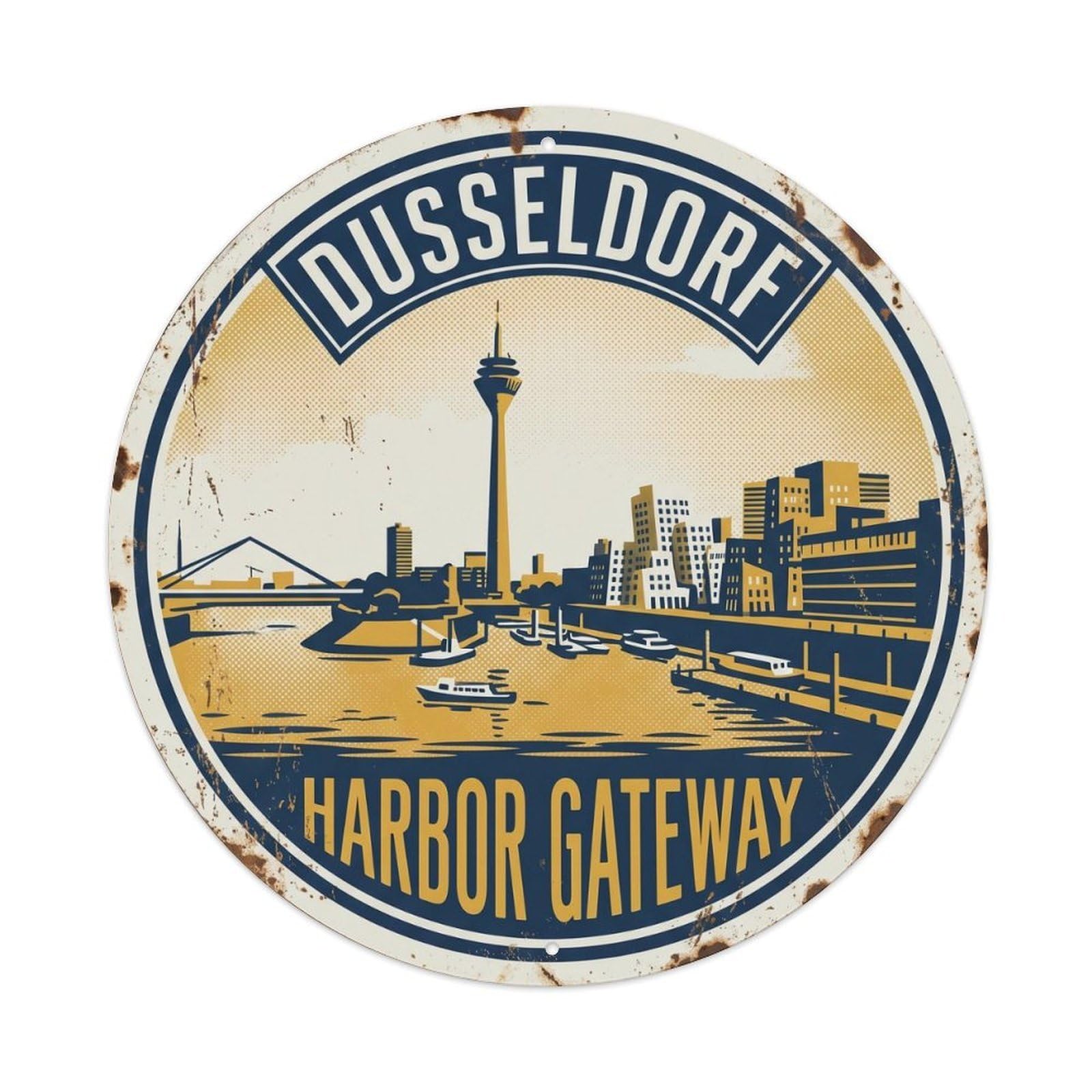 Cmhok Vintage Style Vintage Travel Dusseldorf Harbor Cityscape Metal Tin Sign Plaque Wall Decor For Cafe, Club, Garden Round Metal Poster 8X8inch