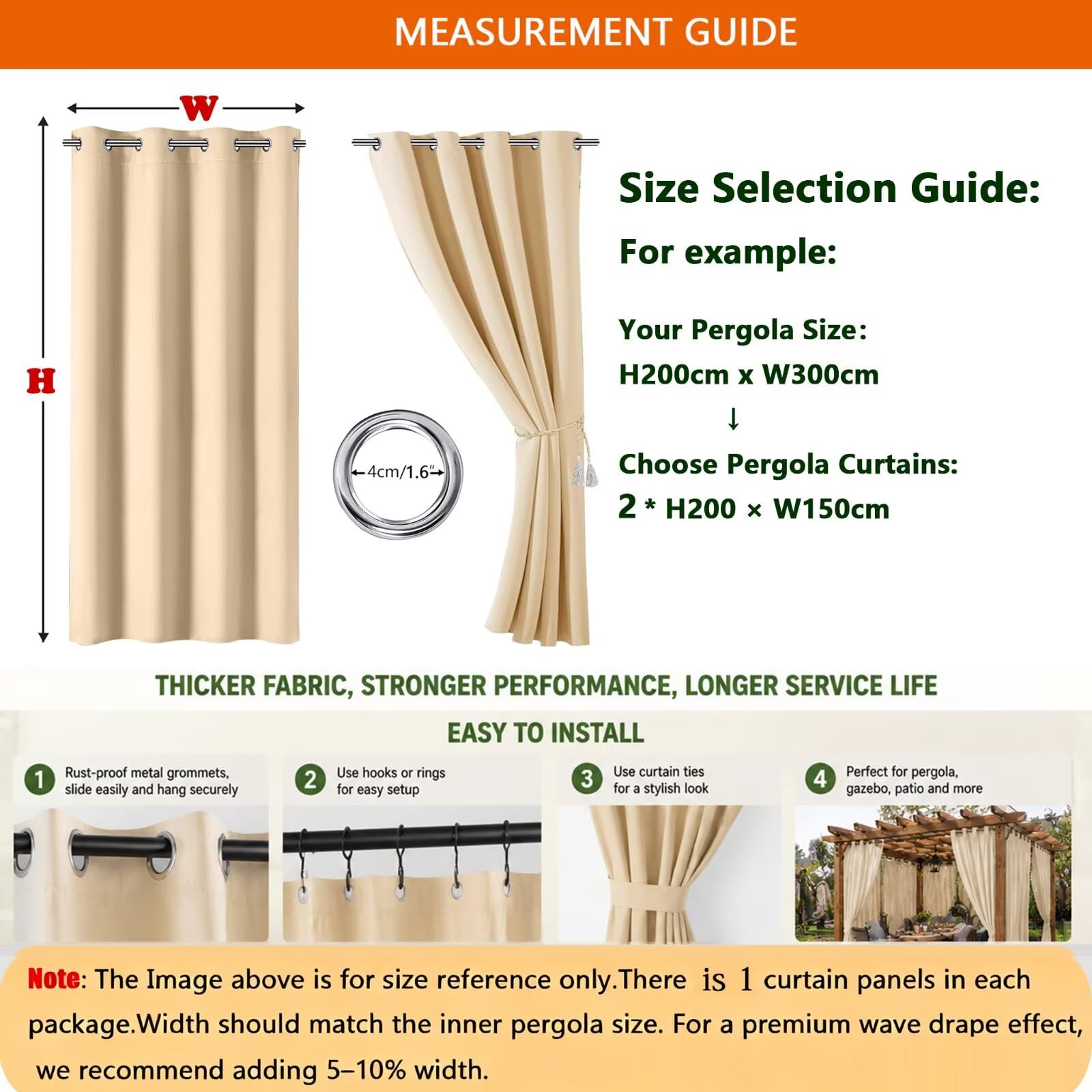 Pavillon Vorhang Outdoor wetterfest mit Ösen 210g/m² H213 x W381cm Beige | Reduziert UV-Strahlen und direkte Sonneneinstrahlung für mehr Schatten auf Balkon, Pergola oder Terrasse.