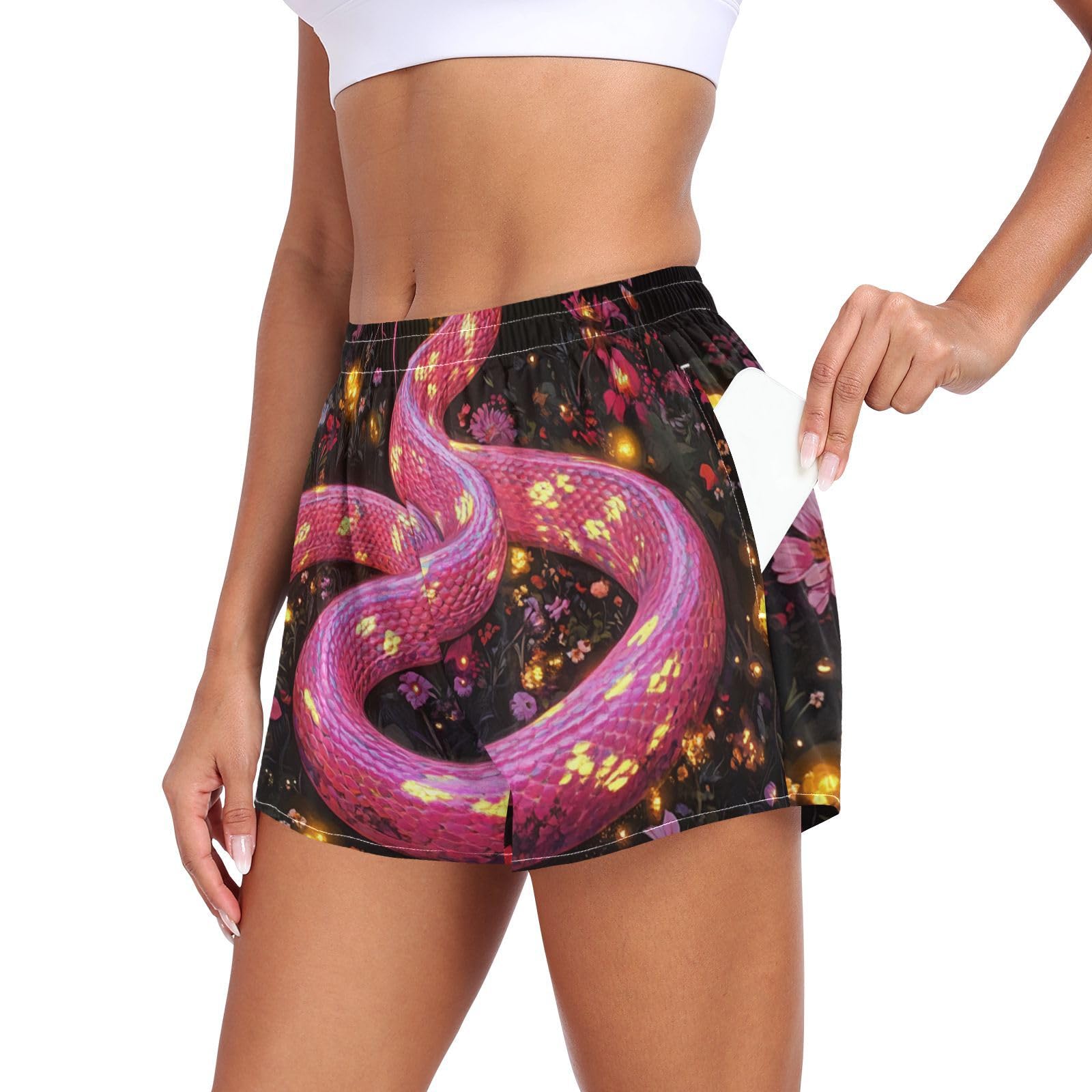 Pink Fire Snake Womens Athletic Shorts Elastic Waisted Girls Athletic Sweat Shorts for Biking Surfing Vacation Swim Party ropa de Deporte para Mujer L