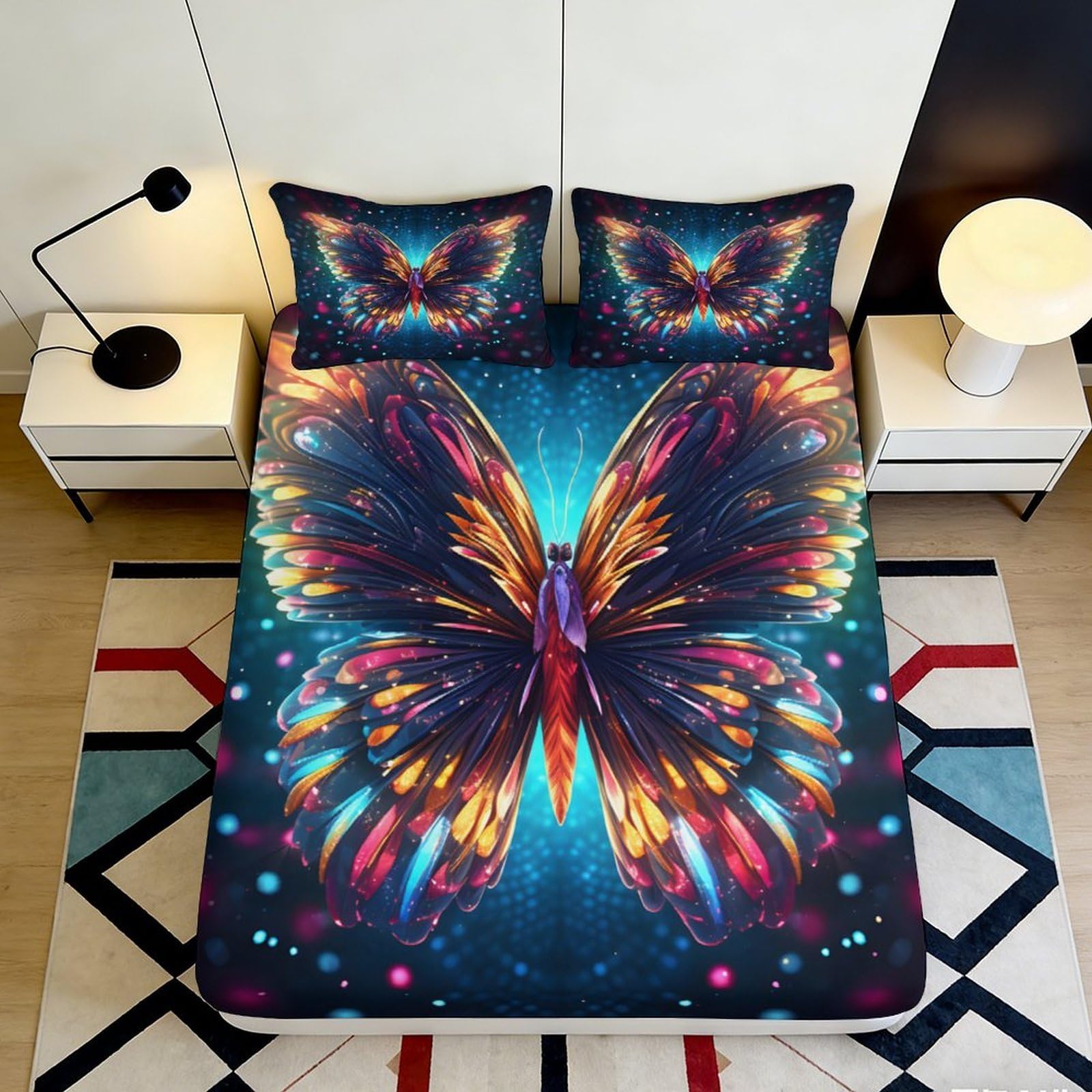 3D Printed Colorful Butterfly Fitted Sheet Microfiber Soft Breathable Vibrant Wings Bed Cover for Bedroom Dormitory Guest Room Mattress Protection Decor 160x200x25cm